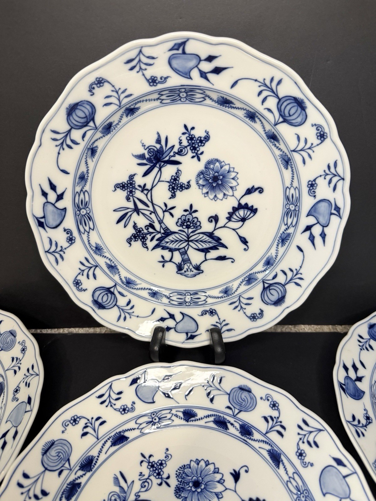 Antique Meissen Blue Onion Dinner Plates Set Blue White Rimmed Sword Backstamp