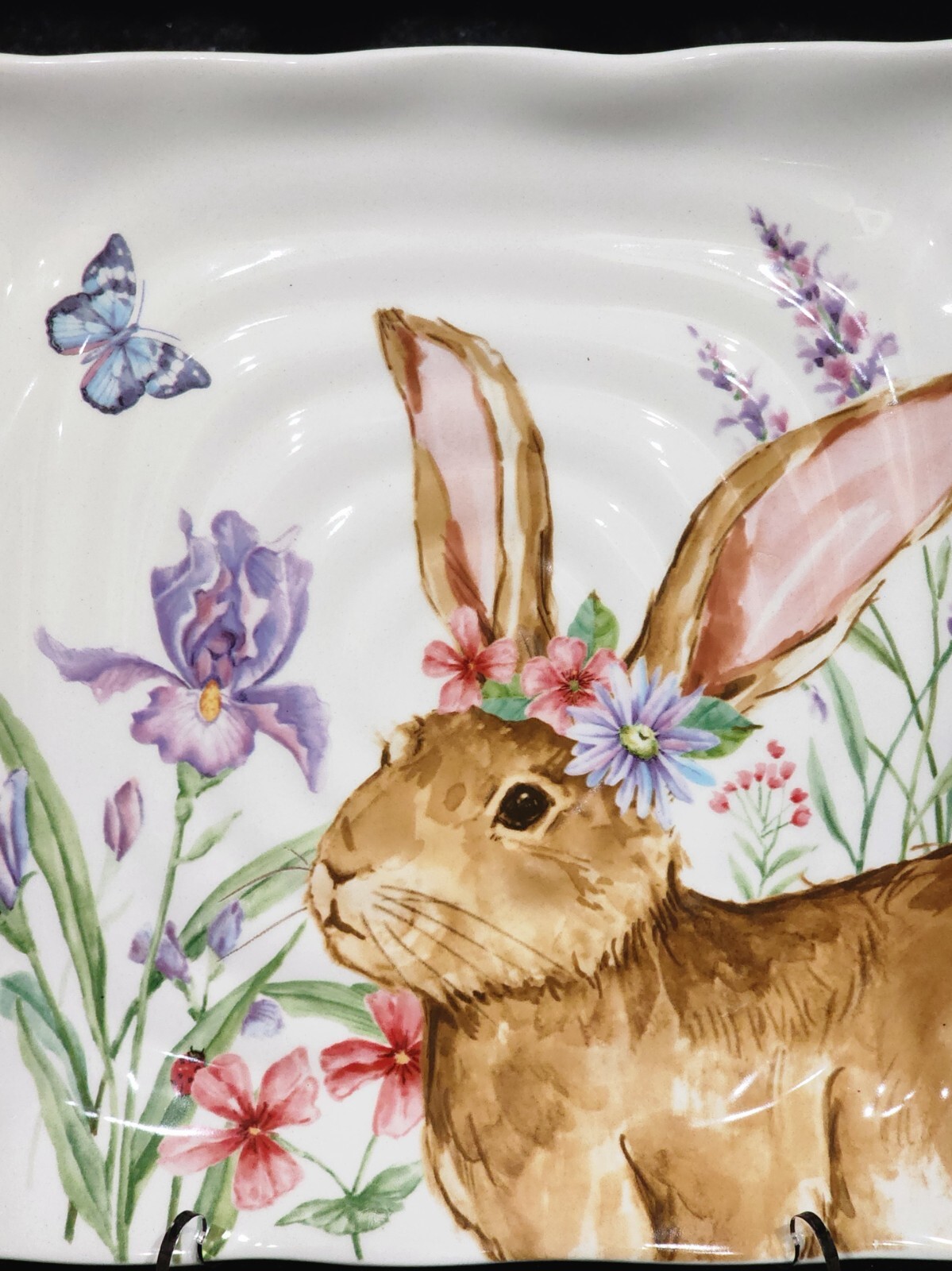 2 Easter Bunny Square Salad Plates Floral 8.75″ Ceramic Maxcera Flower Crown