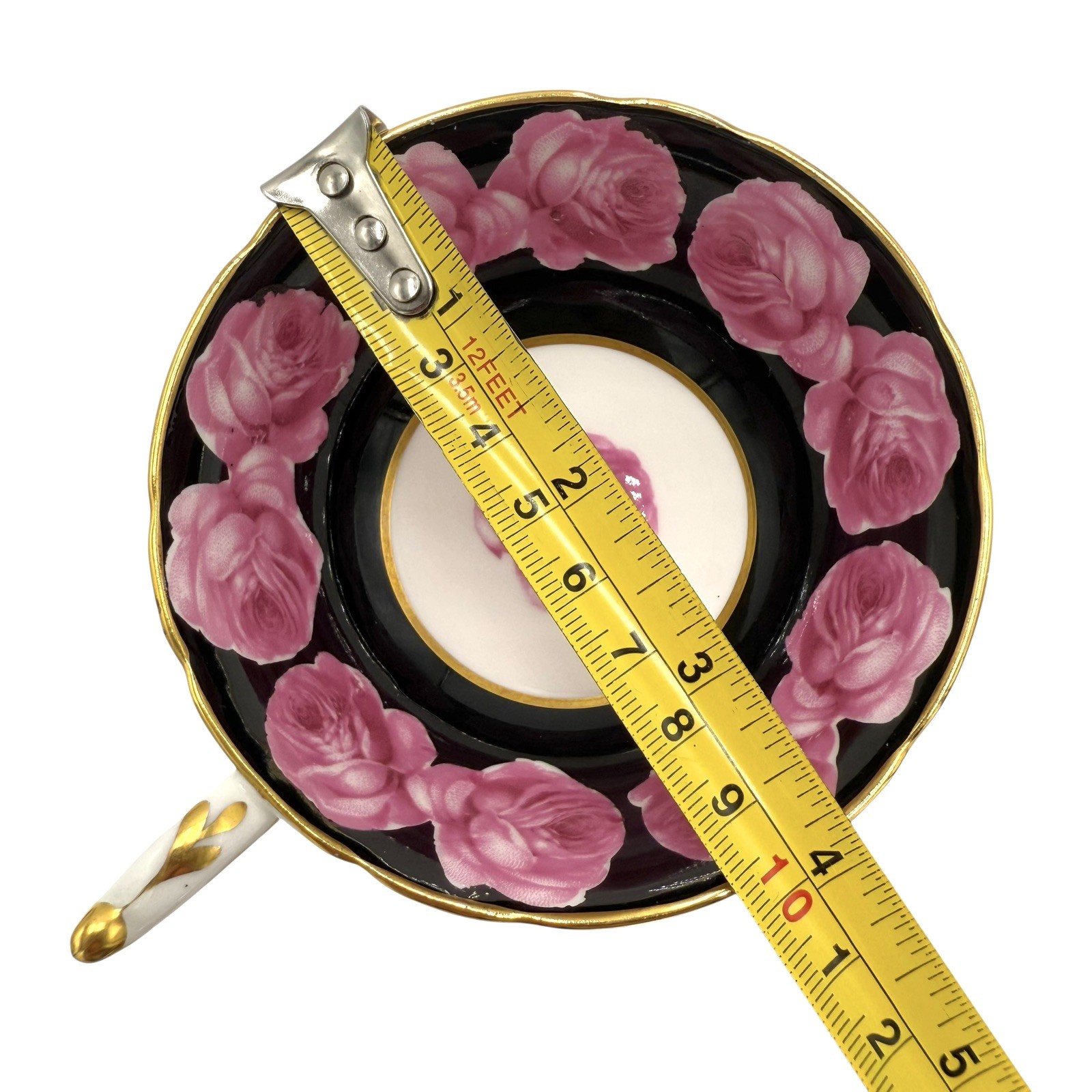 Paragon Pink Cabbage Rose Garland Black Gold Teacup & Saucer Double Warrant