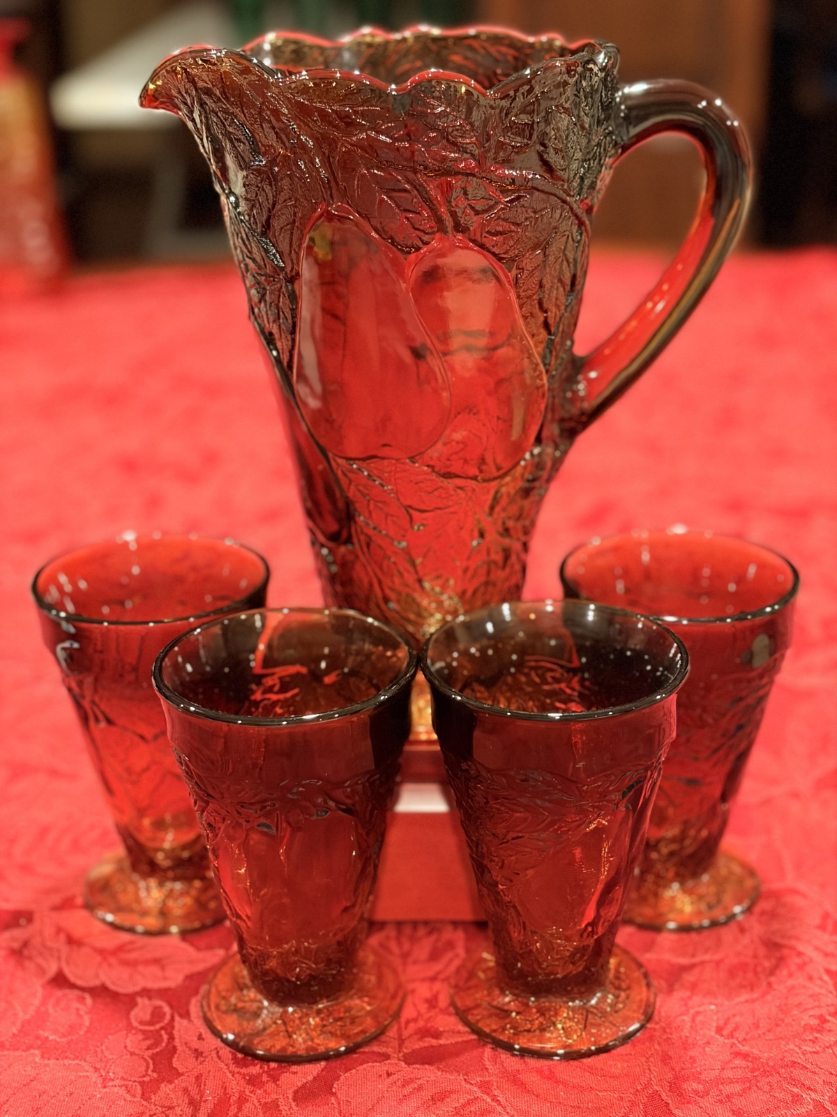 Vtg Tiara Indiana Glass Sweet Pear Burnt Honey Ambrina Pitcher & Glass 5 pc Glow
