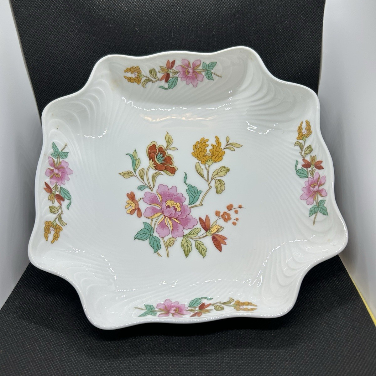 Limoges France Floral Porcelain Square Bowl White Pink Green Gold Glossy