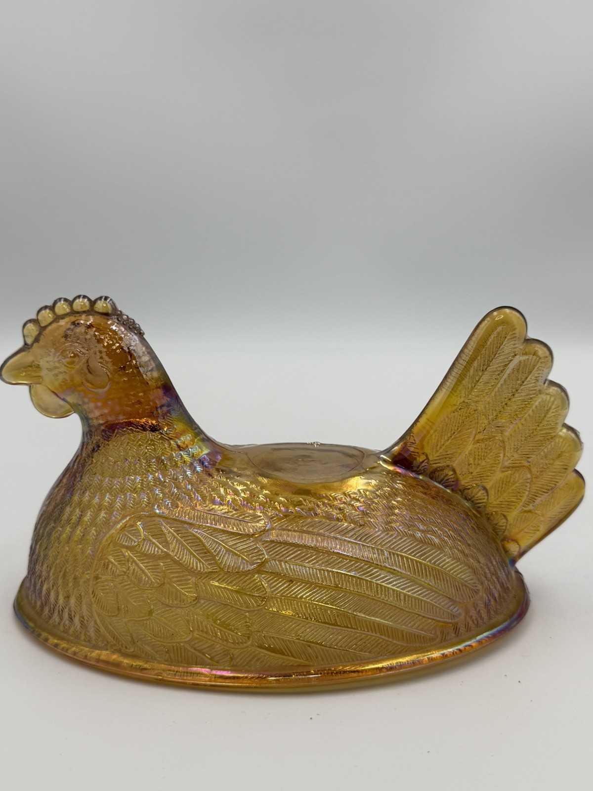 Vintage Indiana Hen On Nest Golden Amber Iridescent Carnival Glass *TOP ONLY*