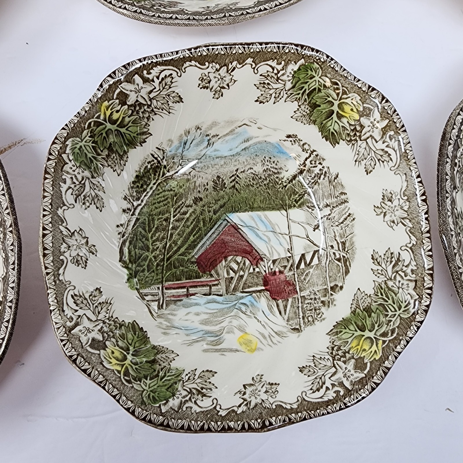 Friendly Village Johnson Brothers Covered Bridge Square Salad Dessert Bowl Set 9