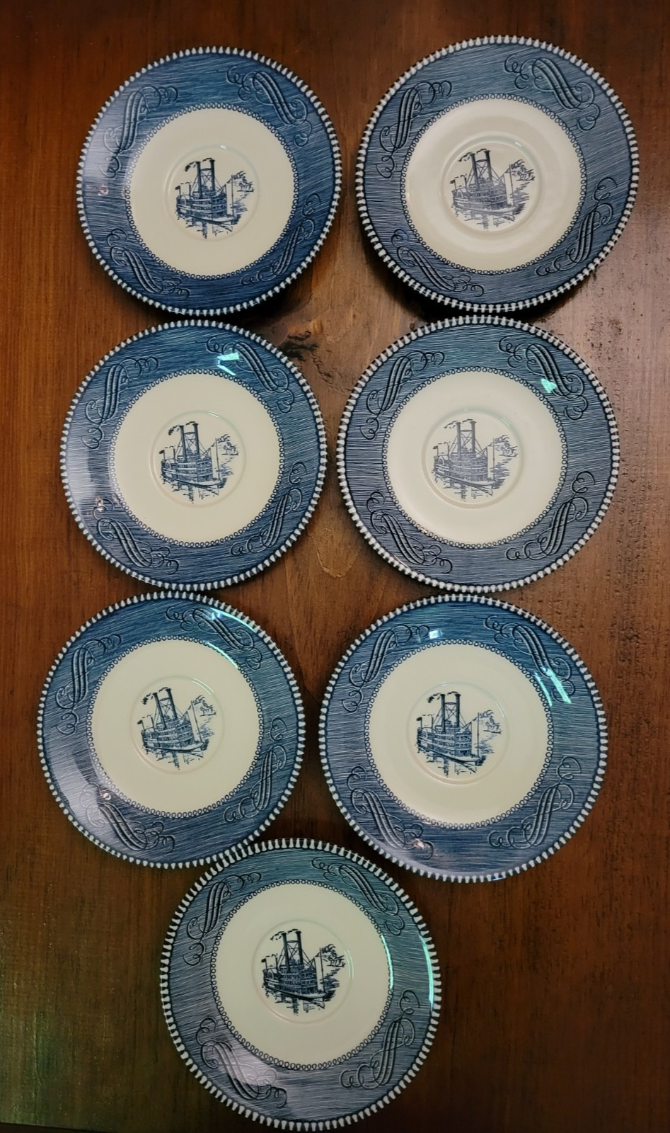 Currier & Ives Royal China Blue White Steamboat 6″ Saucer Plate Vtg