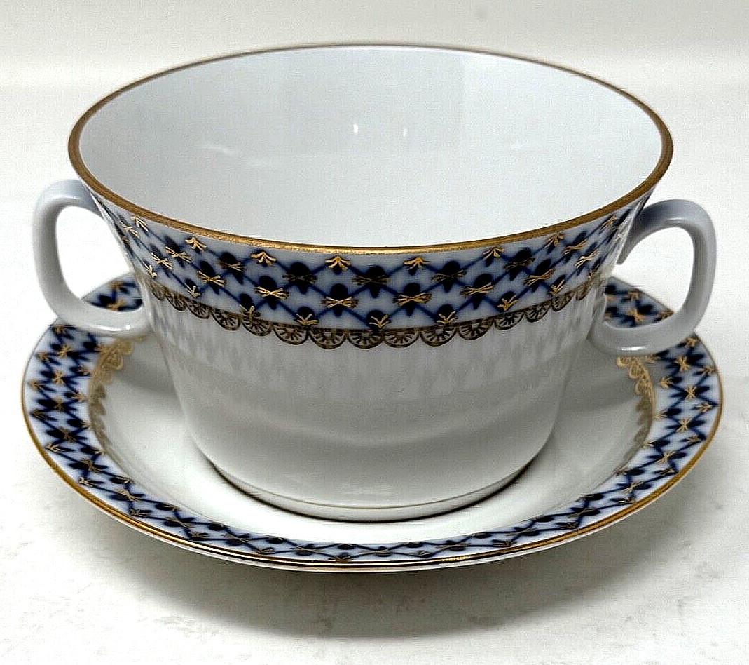 Lomonosov Imperial Porcelain Russian COBALT NET SOUP BOWL with SAUCER 4 NEW