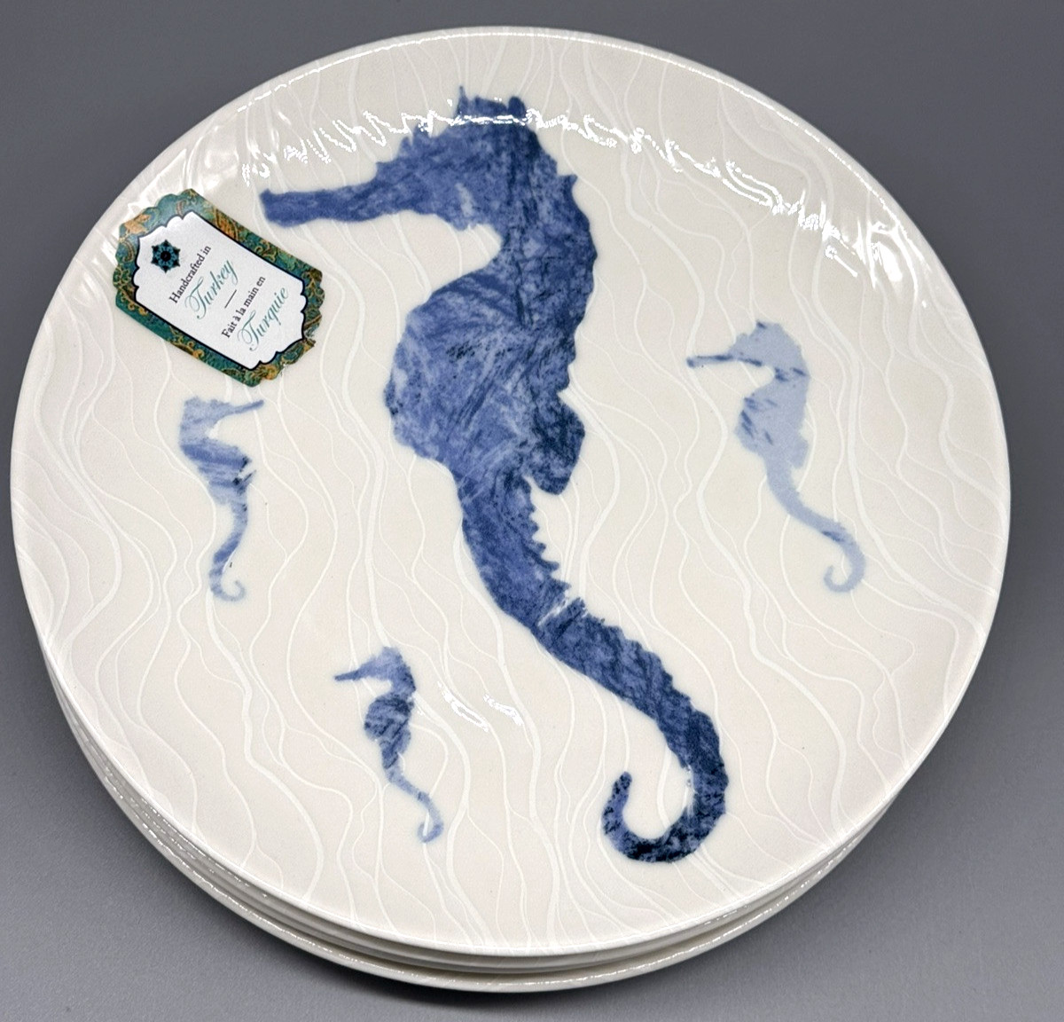 x4 Intesa Blue Seahorse Salad Side Plate Set Ocean Beach Reef Coastal Turkey 8″