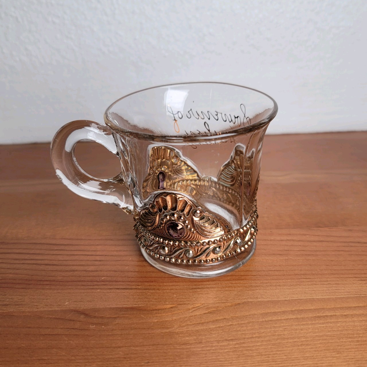 US Glass Jewel Lacy Medallion Souvenir Hershey PA Cup Mug Gold Trim c1899 EAPG