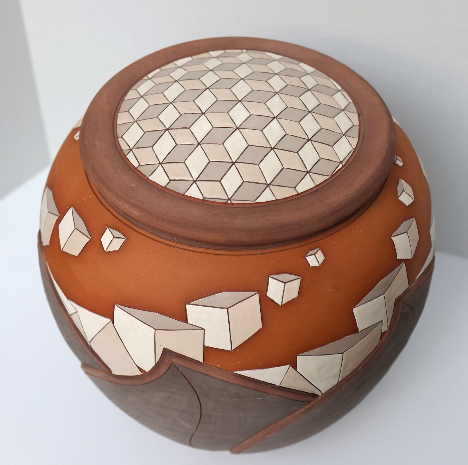 Don Cornett Lidded Pottery Optical Illusion Geometric Polychrome Signed 16″ High
