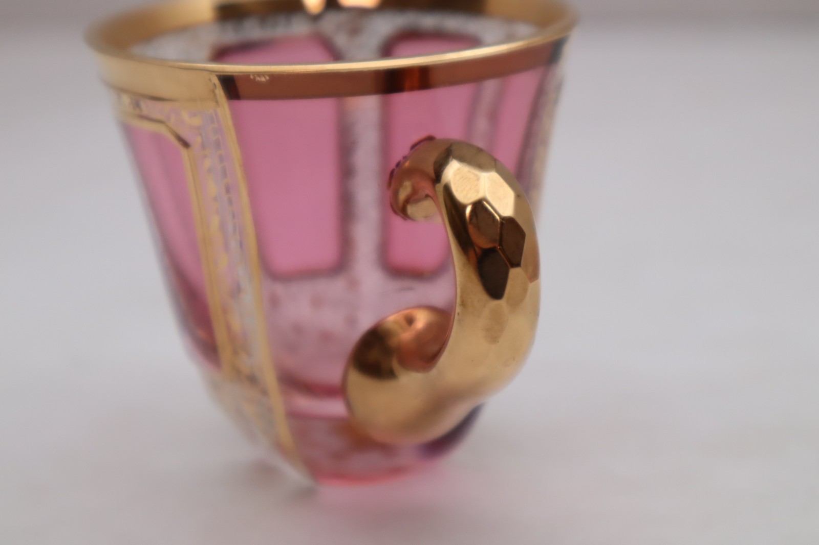 Moser Bohemian Cabochon Pink & Gold Floral Demitasse Espresso Tea Cup & Saucer