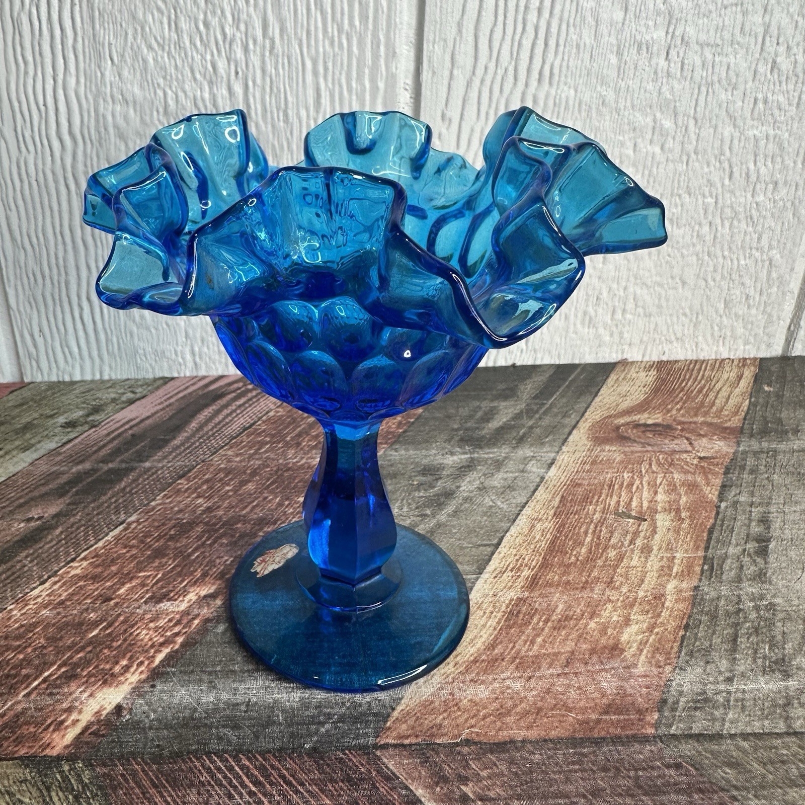 Vintage MCM Fenton Blue Cobalt Glass Thumbprint Pedestal Compote Candy Dish