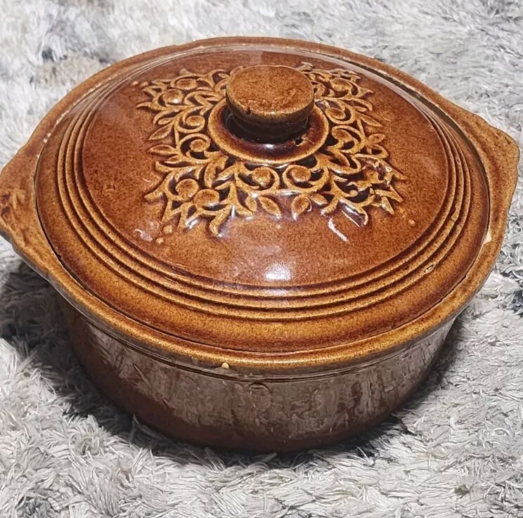 Vintage Light Brown Stoneware Lidded Bowl With Embossed design USA
