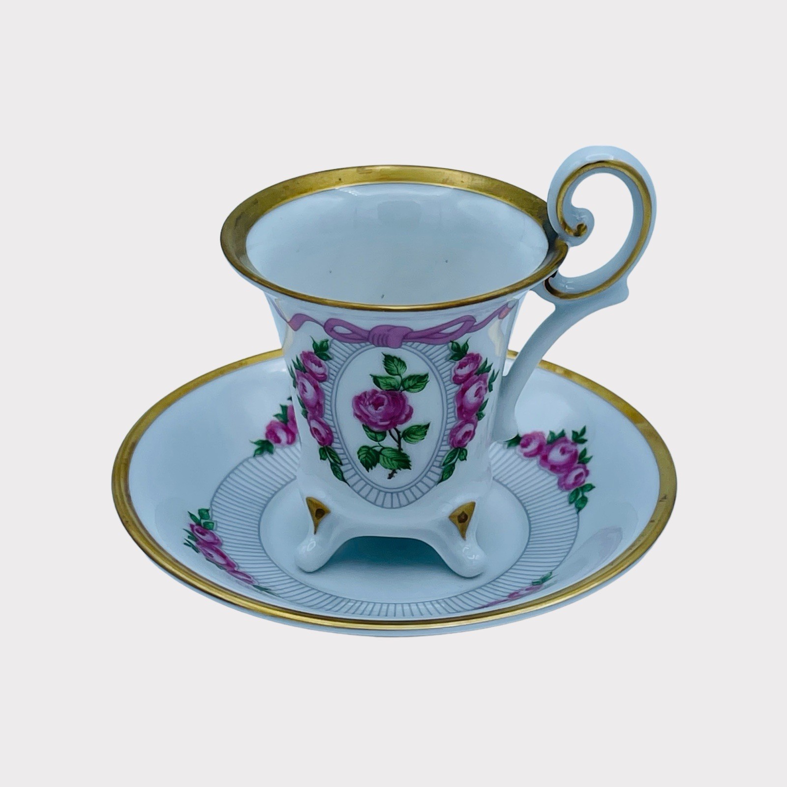 Vintage Weimar Footed Cup & Saucer Pink Roses Ribbon Gold Trim Germany 1950-1959