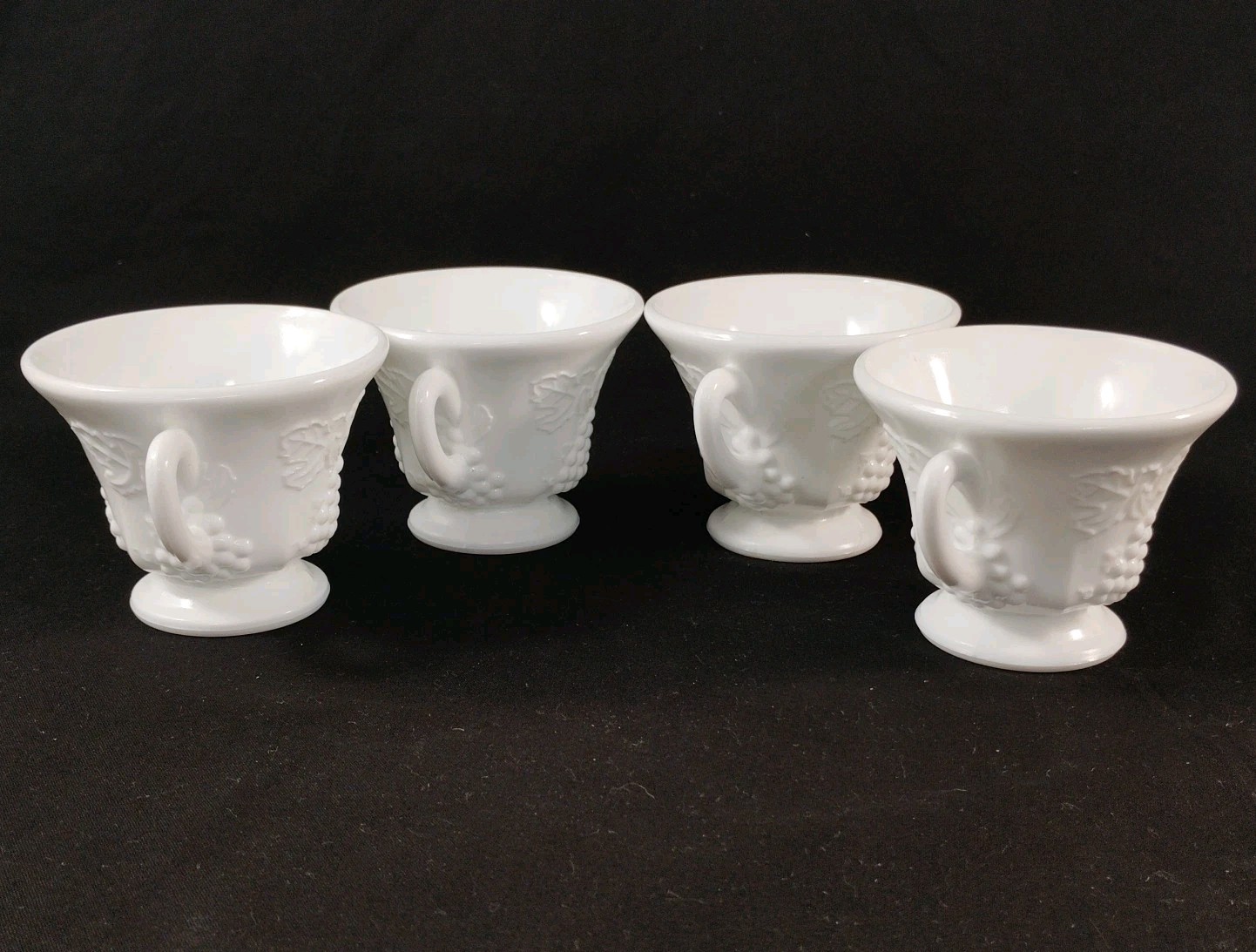 4 Vintage Milk Glass Cups Grapes and Leaves White Set of Four 3″ Tall Unmarked