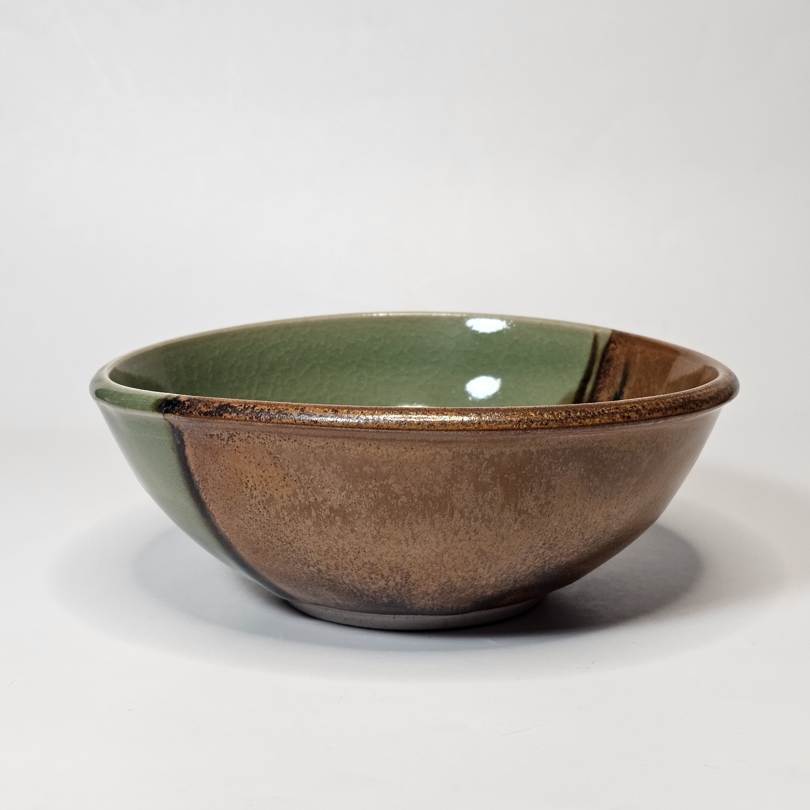 Studio Art Pottery Golden Green & Brown Drip Crackle Glaze Ceramic Bowl