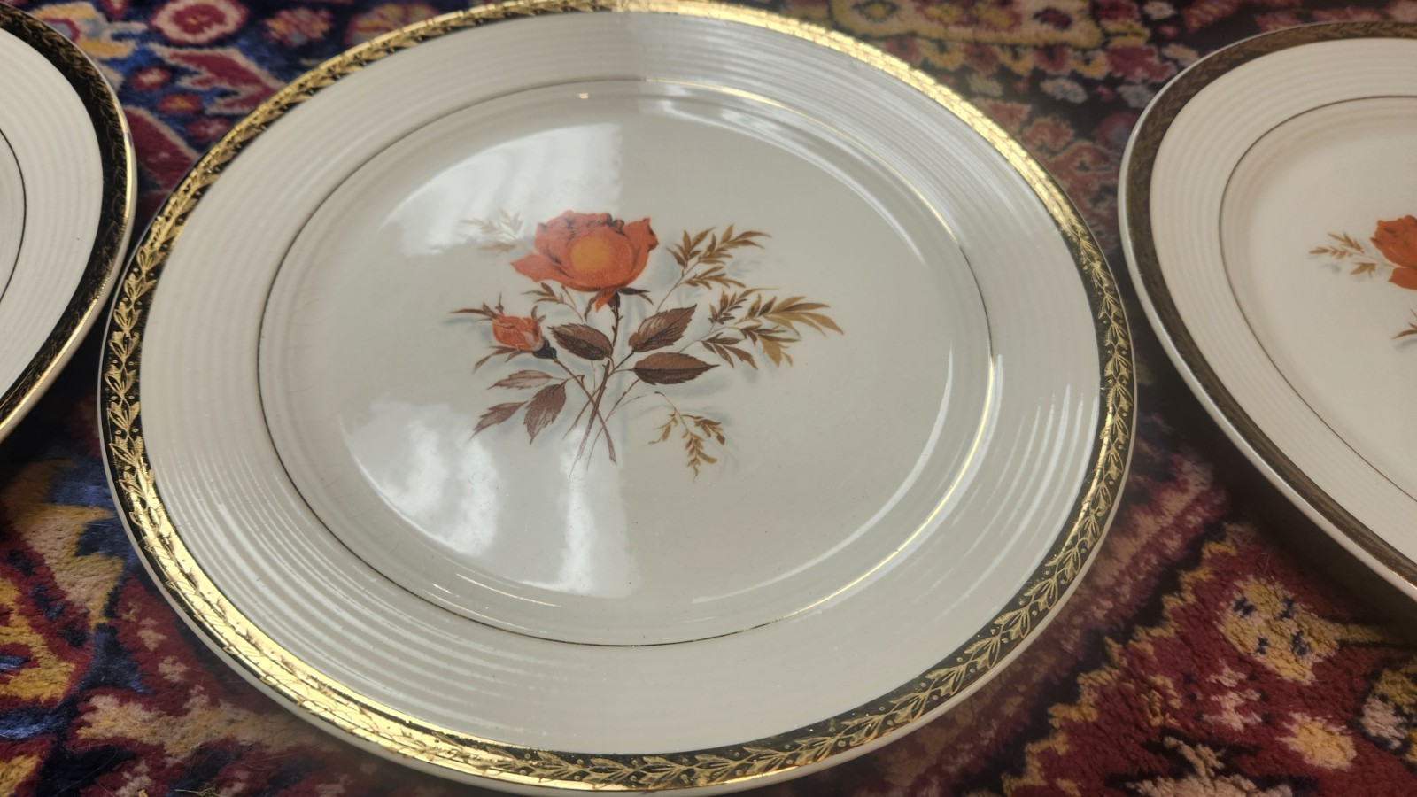 6 Triumph American Limoges-Vermillion Rose 9.25 Inch Plates Sebring Ohio 22k