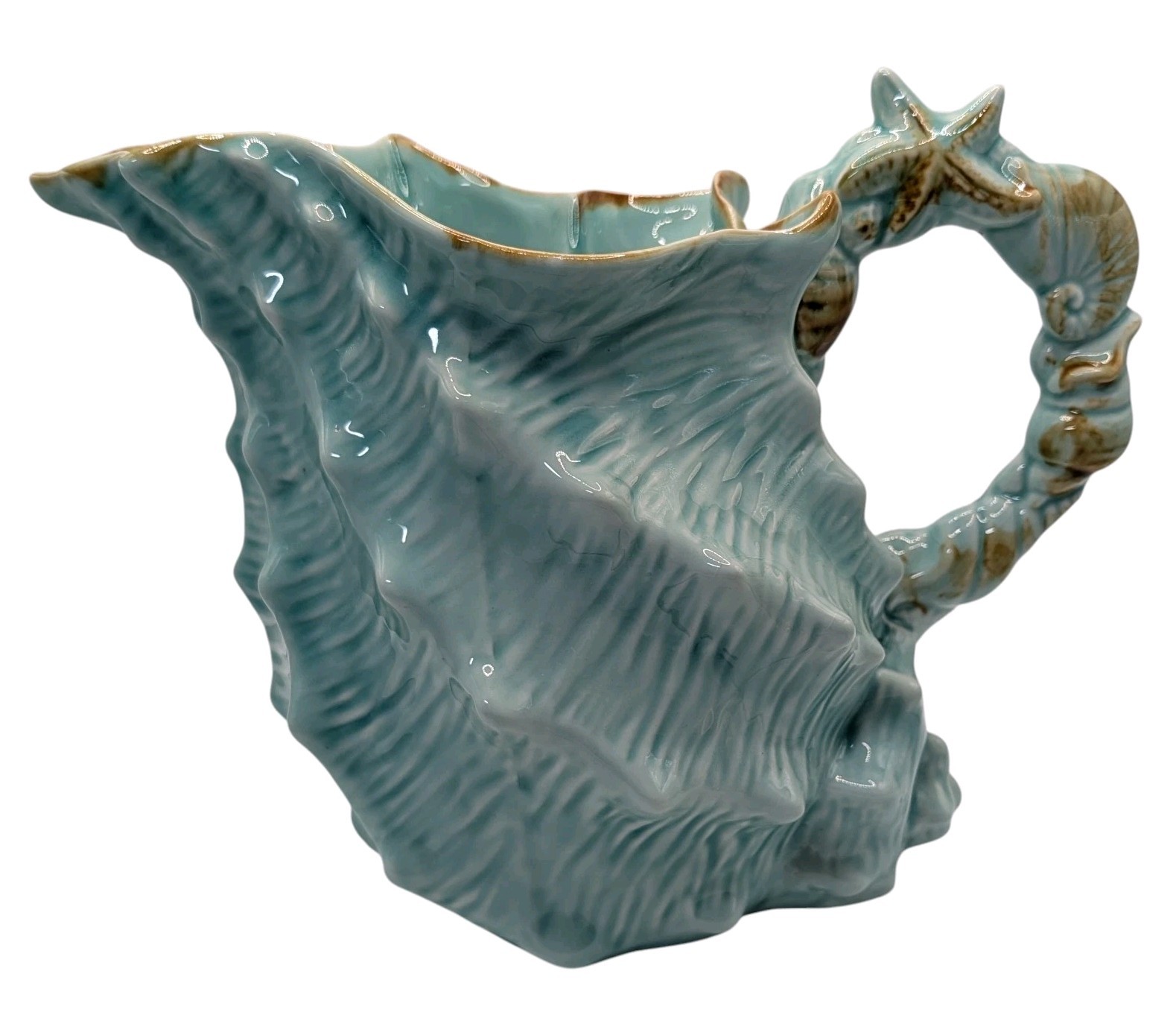 Blue Sky Conch Shell Pitcher Seawave Turquoise Blue Nautical Seven Inches Retro