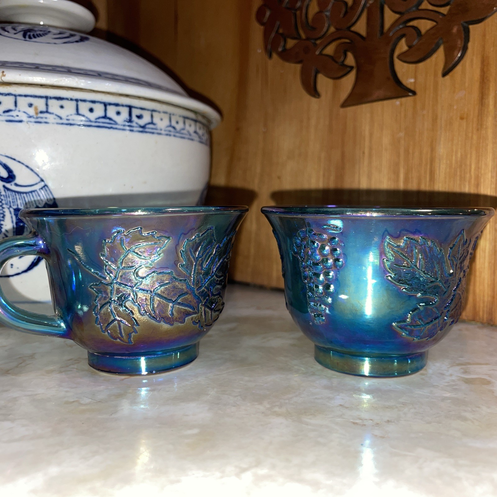 2 – Vintage Iridescent Blue Indiana Carnival Glass Grape Harvest Punch Cups
