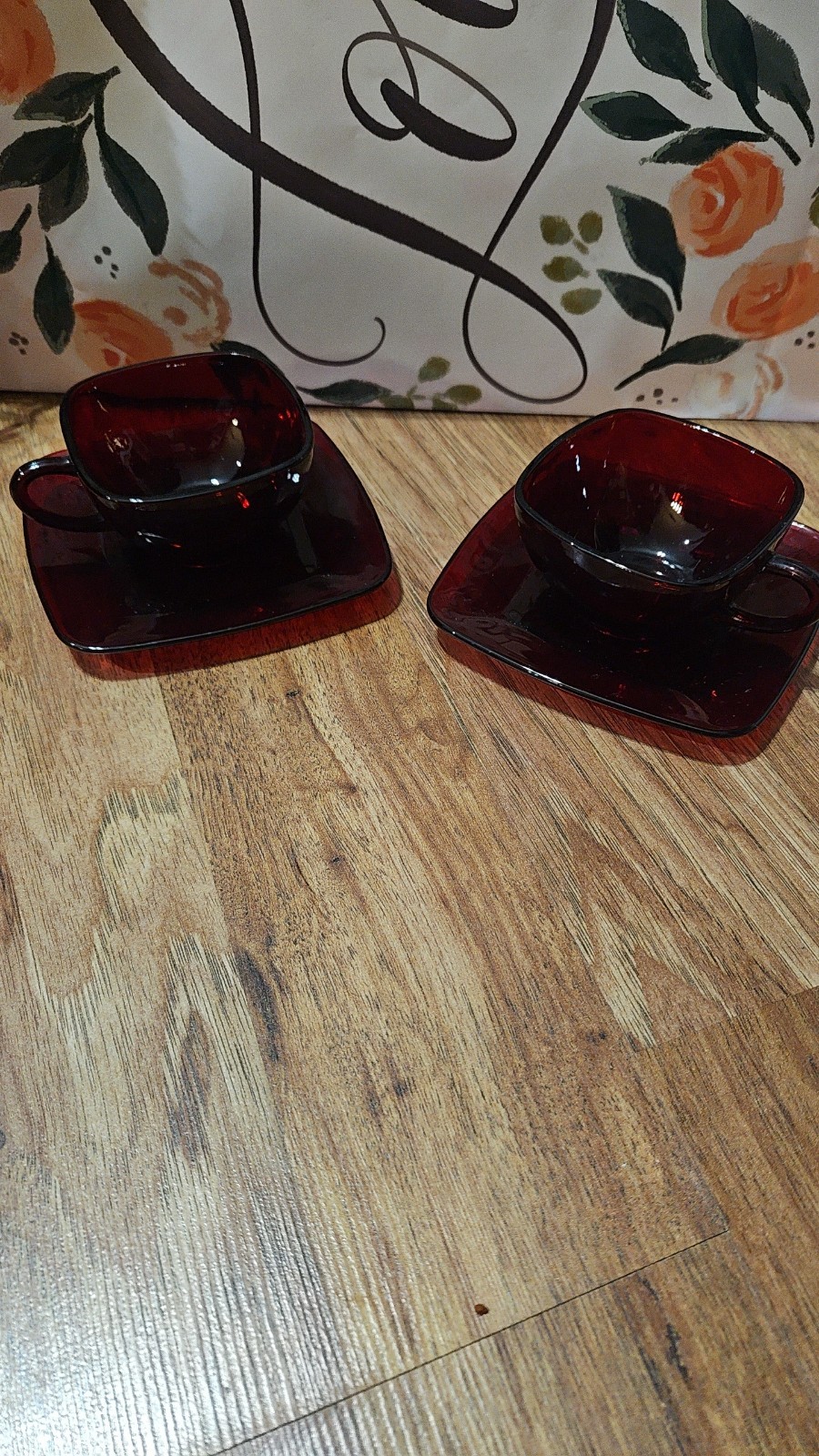 Mid-Century Anchor Hocking Royal Ruby Red Square Coffee/Tea Cup and Saucer