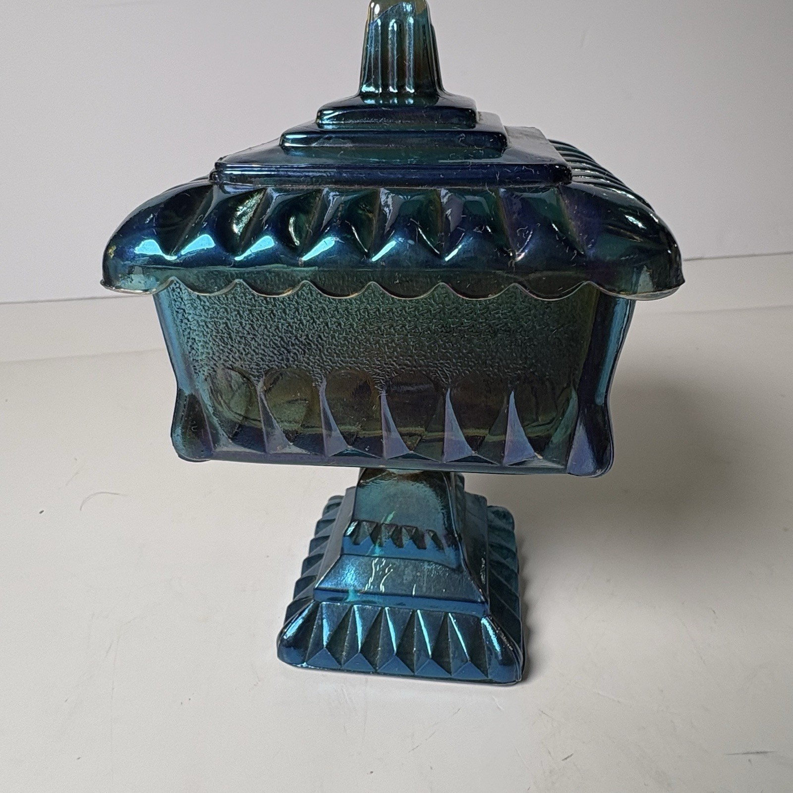 Vintage Jeannette Glass Wedding Cake Box Candy Dish Iridescent Blue Green 1960s