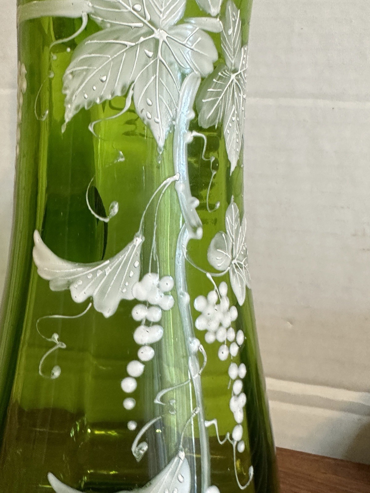 Antique Victorian Green Glass Hand Blown Pitcher 3-D Enamel Work Grape Vines