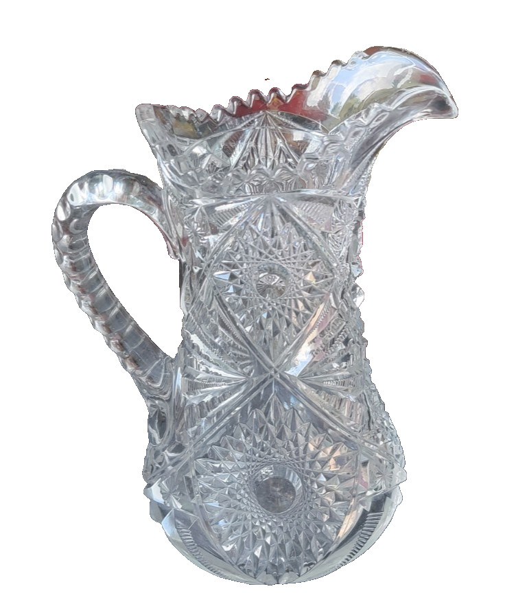 Antique American Brilliant Period ABP Cut Glass Hobstar Floral Water Pitcher 10”