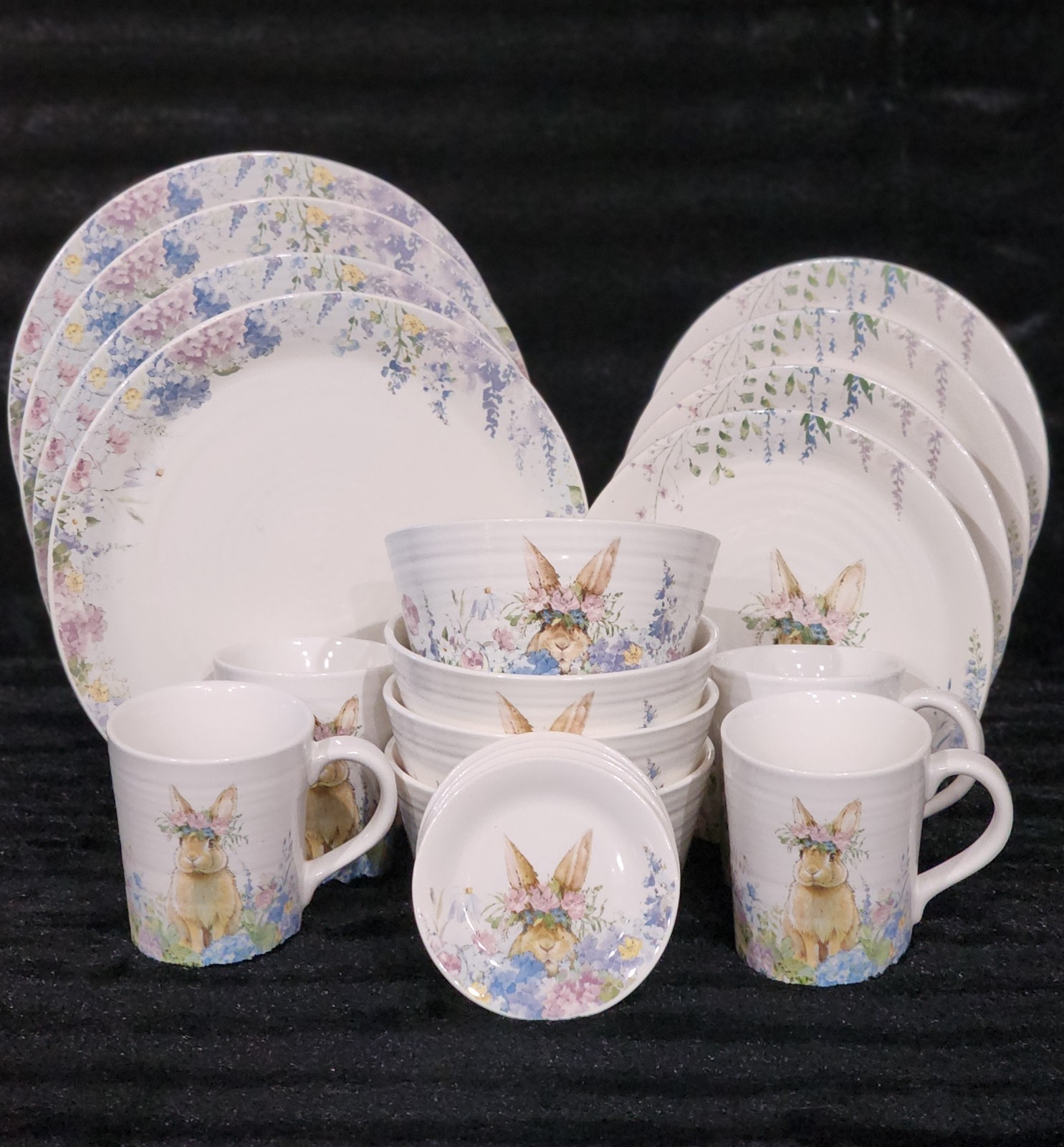4 Watercolor Peeking Bunny & Flowers Cereal Bowls 6″ Ceramic Easter Flower Crown