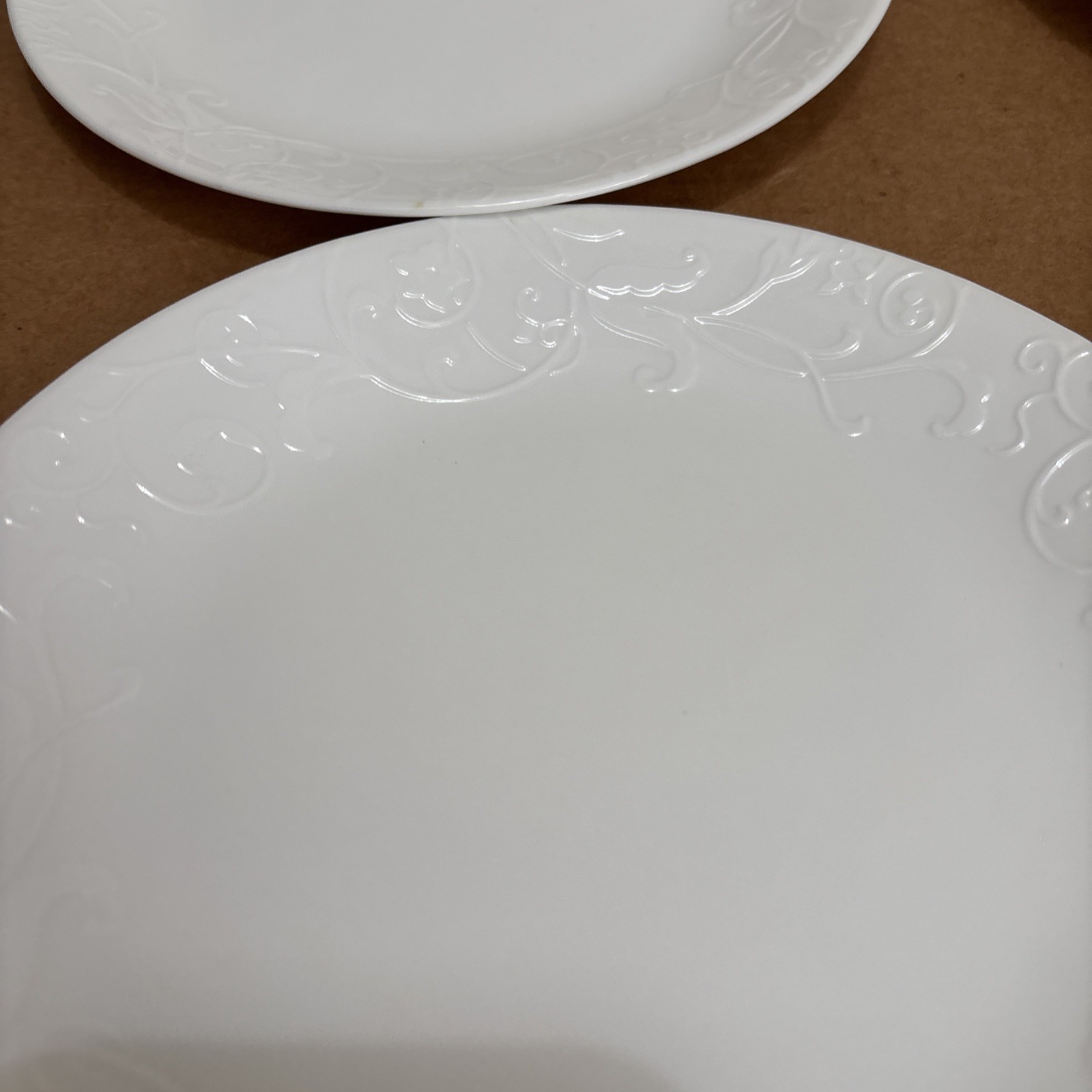 Corelle BELLA FAENZA 8.5” Luncheon Plates White w/Embossed Floral Rim~Set of 4