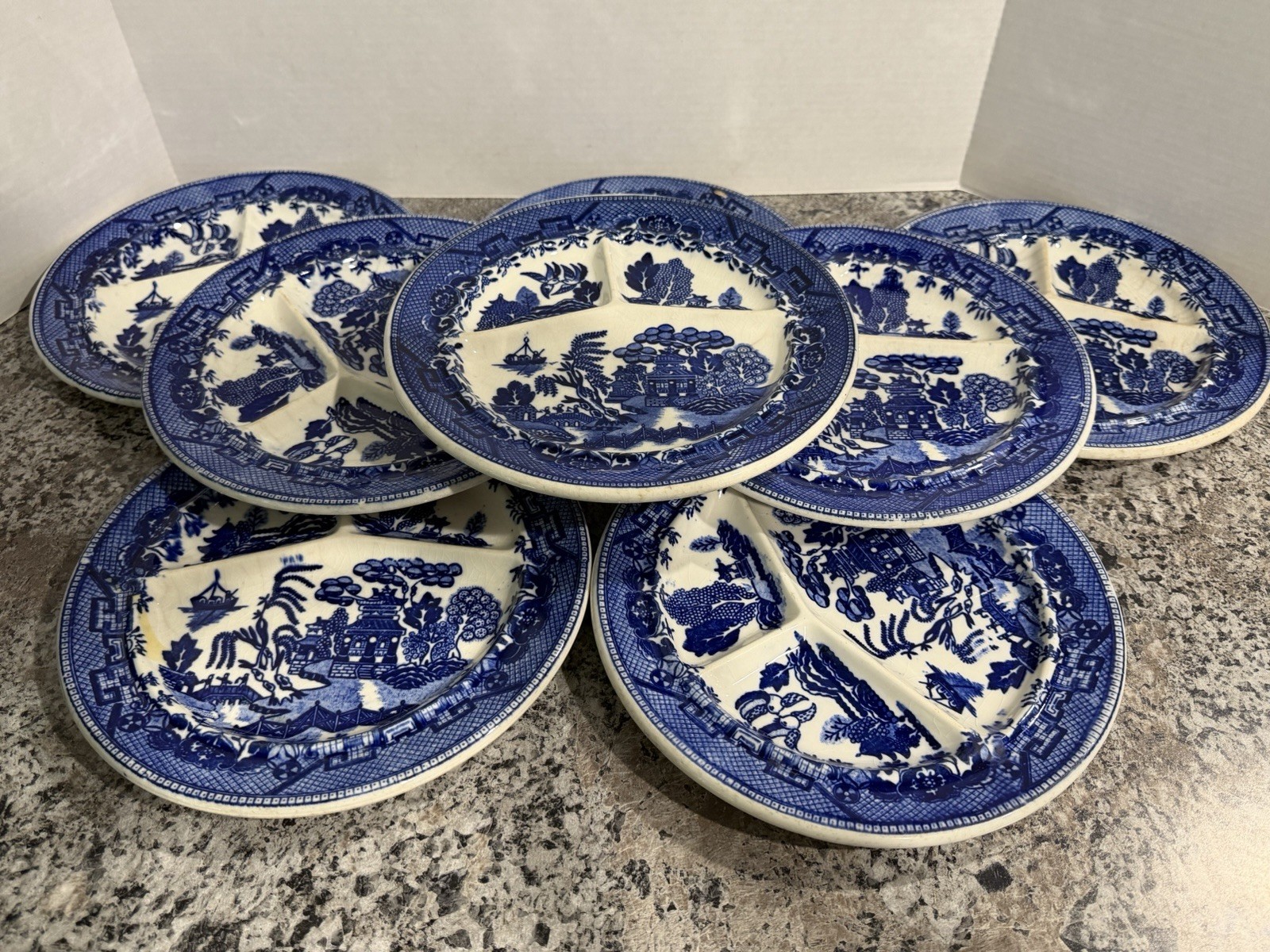 Vintage Blue & White Divided Plates Made in Japan Pre-Owned Qty: 8