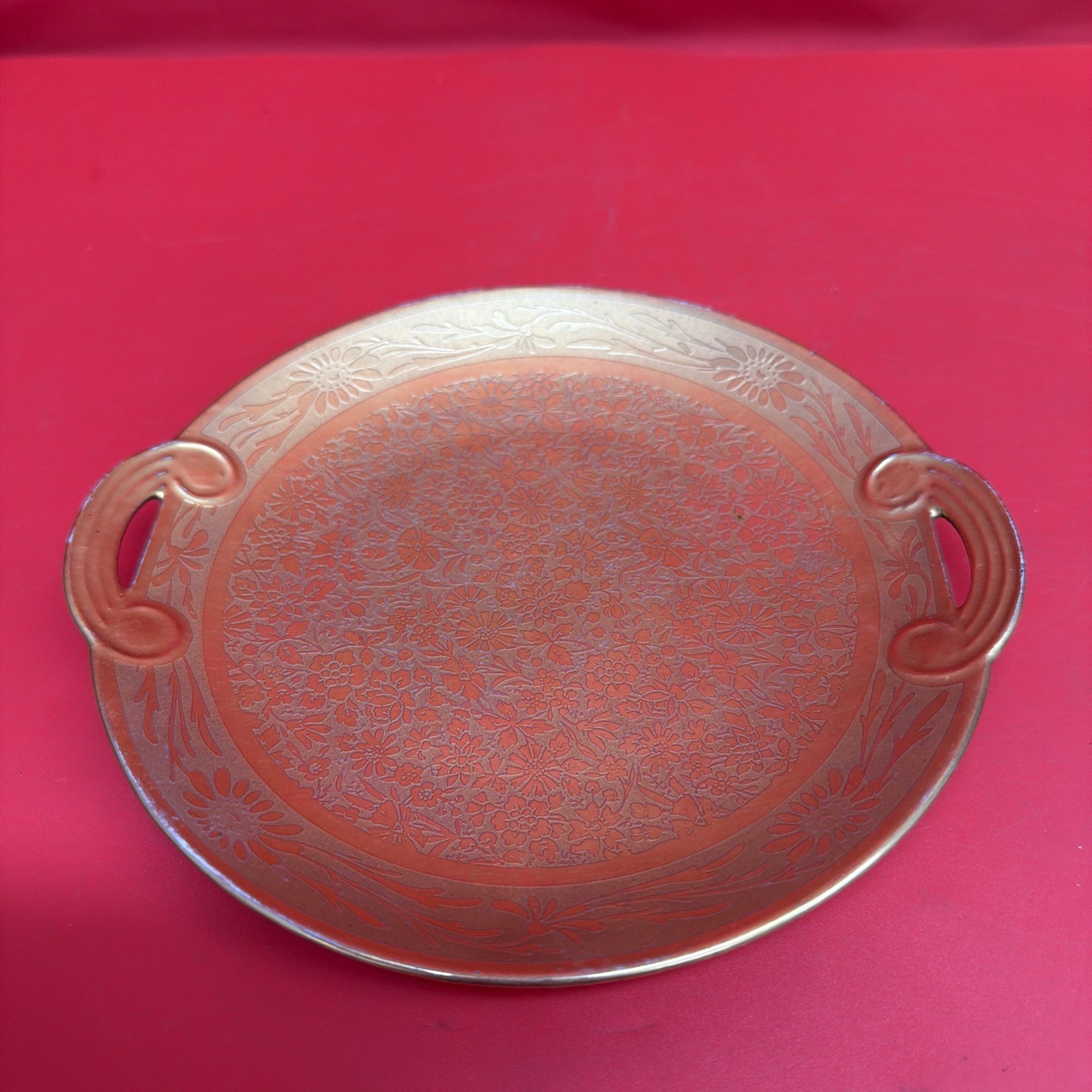 Vintage Gold Gilt Porcelain Handled Serving Plate Floral Etched 7.35” Round Tray