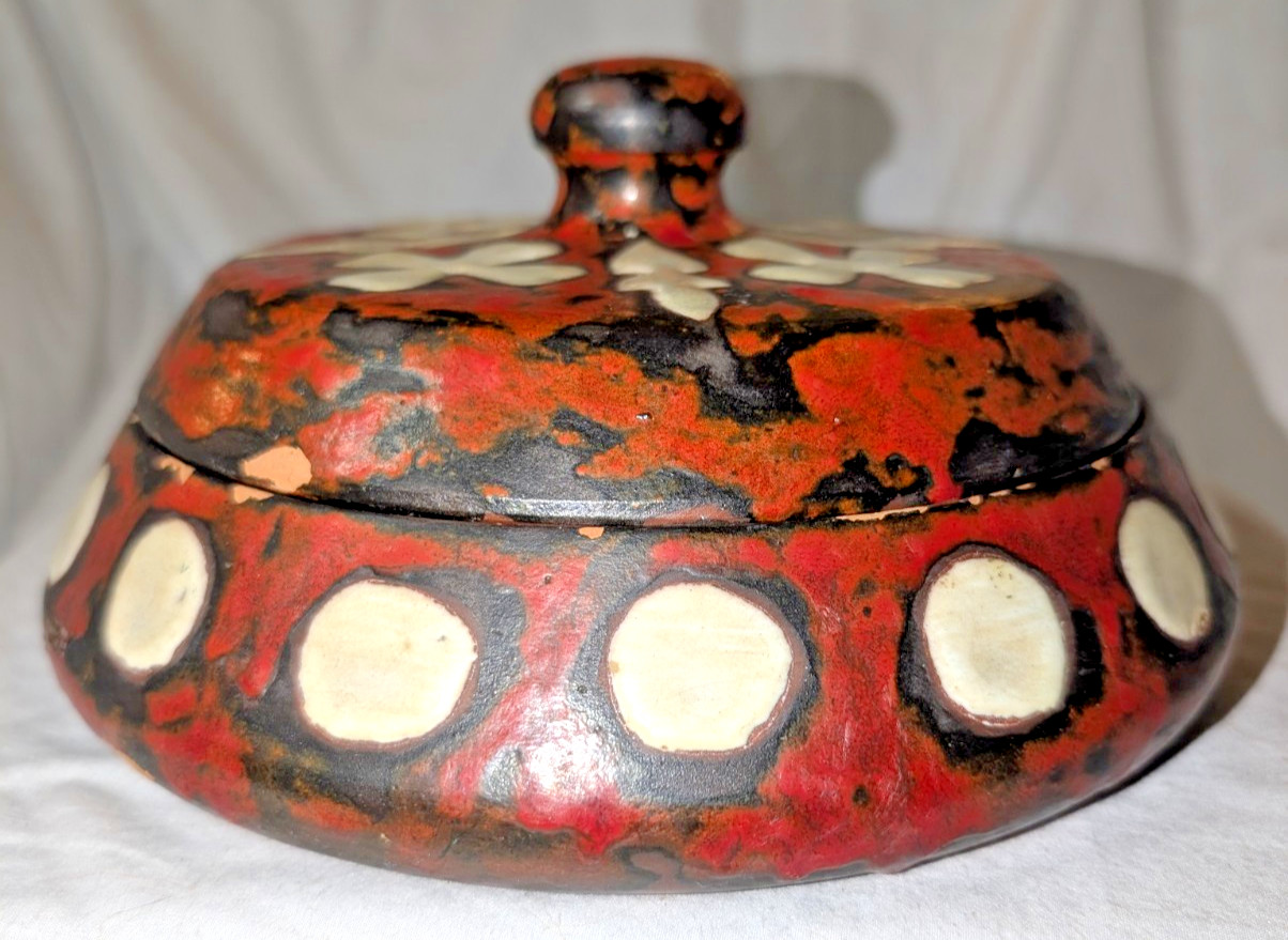 Ceramica Jardim Curitiba Red, White & Black Glazed Pot/Container w/ Lid