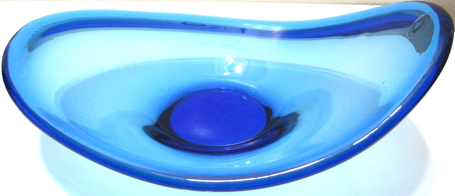Vintage Art Glass Bowl IKEA Scandinavian Danish Modern Blue Oval 10 1/2″ L