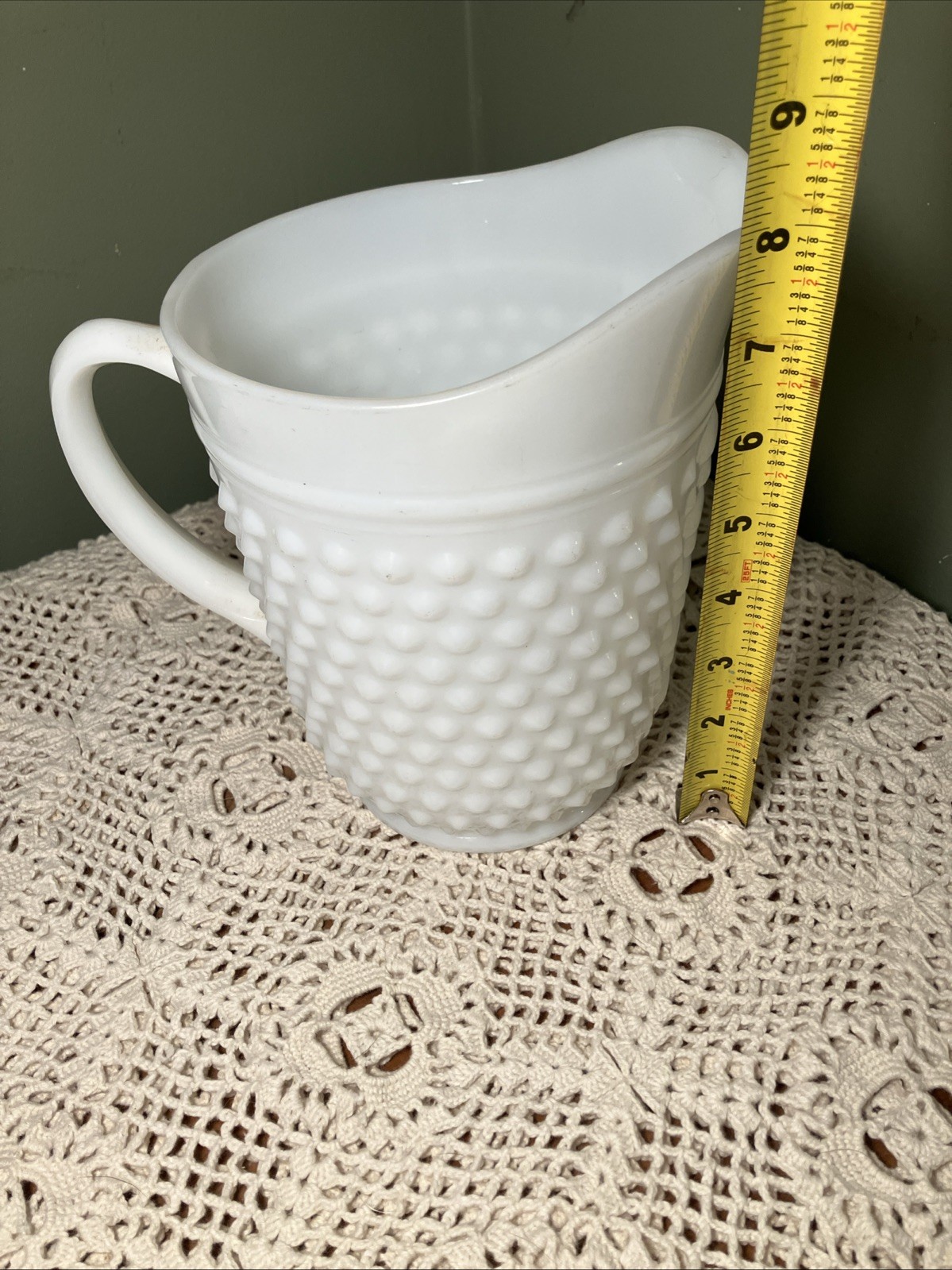 Vintage Hobnail Pitcher White Milk Glass 8” Anchor Hocking Ice Tea Lemonade