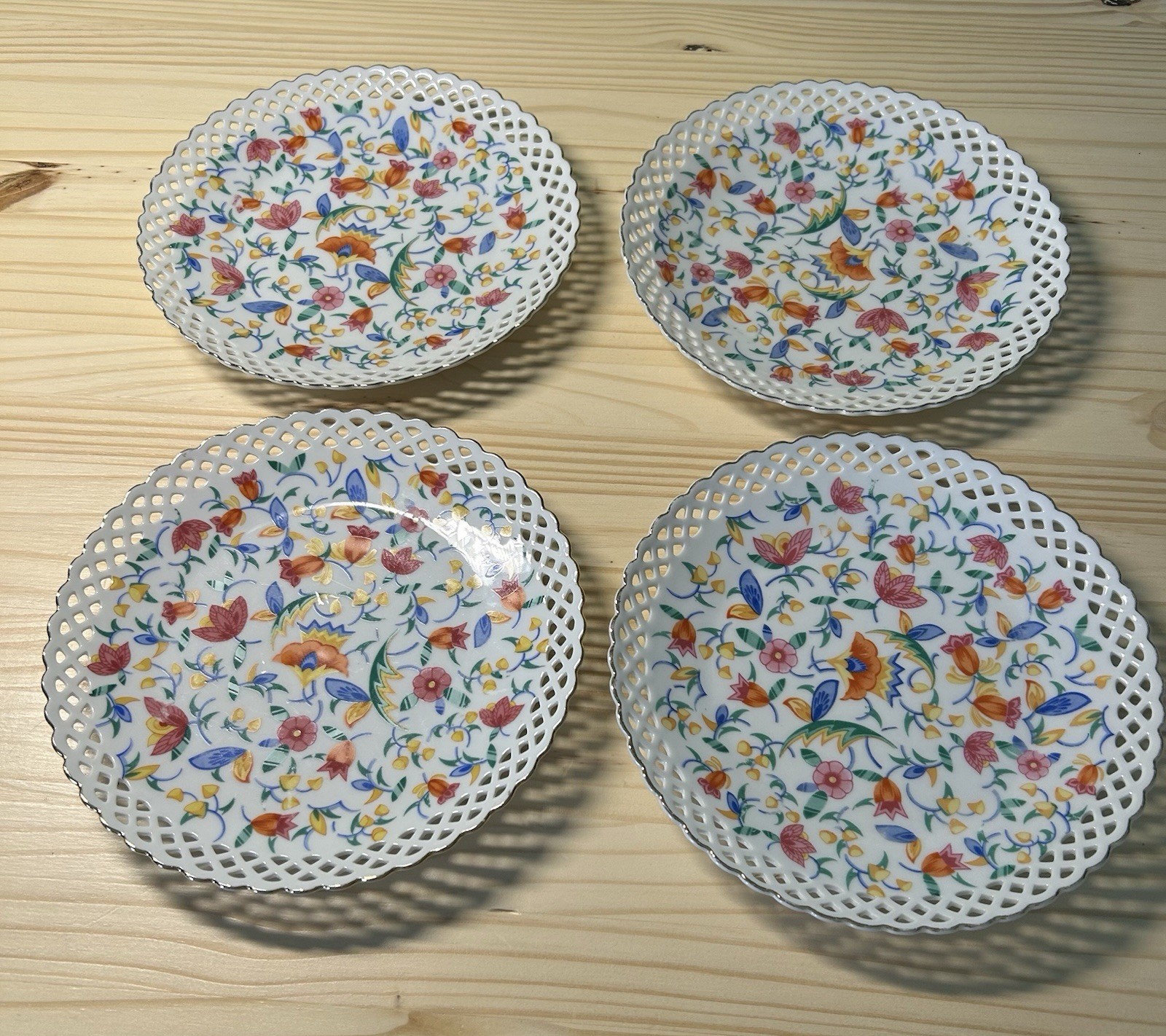German Floral Decorated 7.5” Plate Reticulated Weaved Border Gold Detailing (4)
