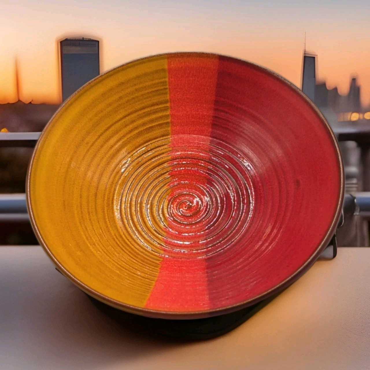 Studio Art Pottery Bowl Artist Signed Ombré Colored Design Yellow/Orange/Red 8in