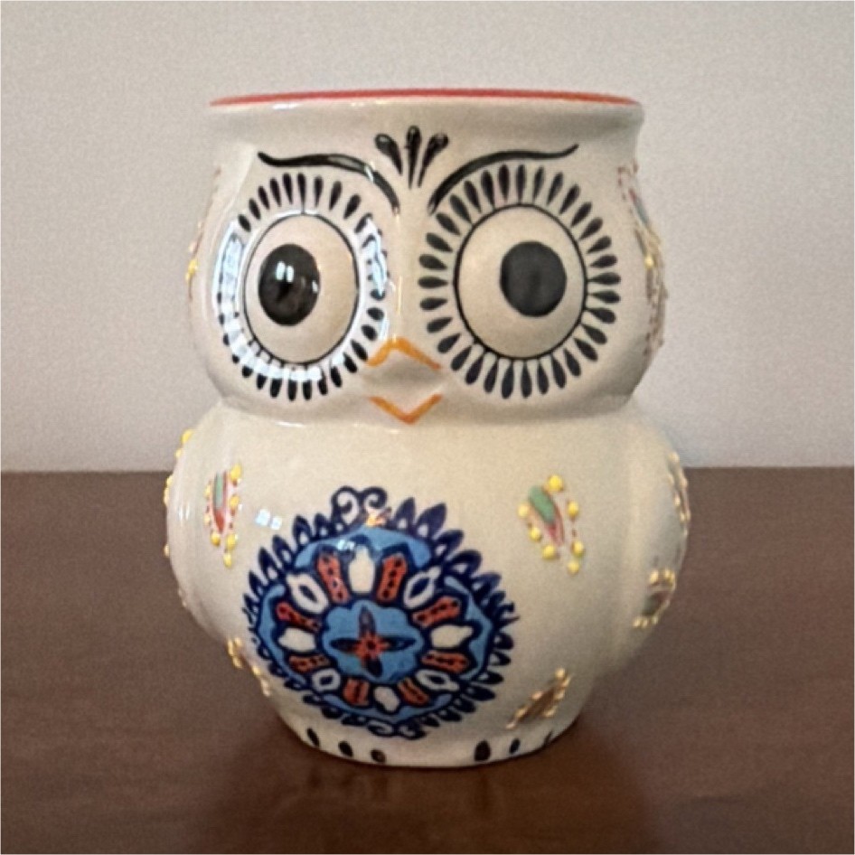 Yokohama Studio Hand Painted Ceramic Figural Owl Mug Red Handle White Blue