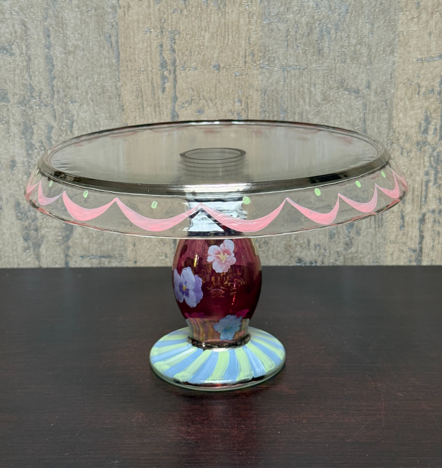 MacKenzie-Childs Glass Cake Stand Pedestal Plate Floral Courtly Check 9.5″