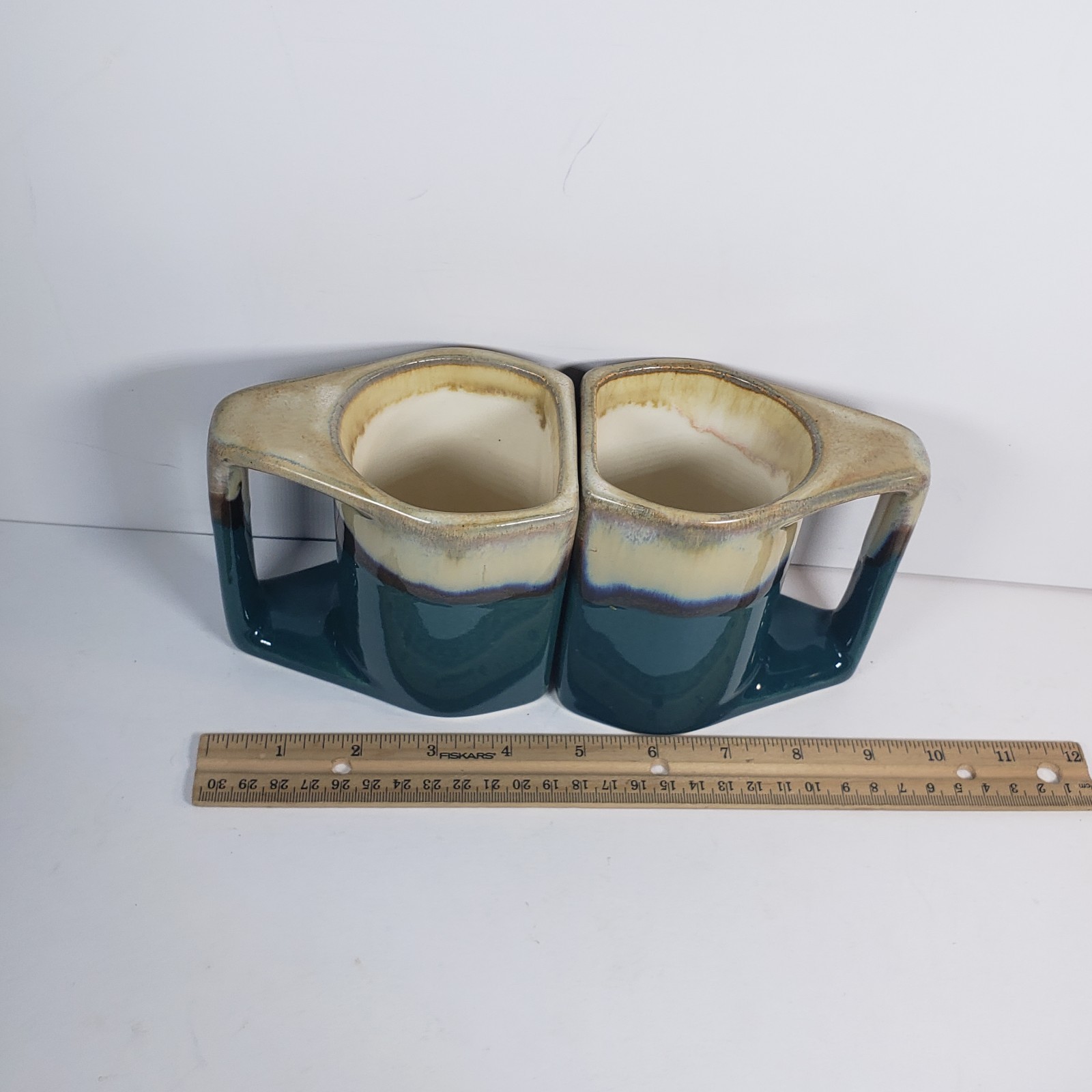 2 Rodolfo Padilla Coffee Mugs Green Blue Beige Drip Glaze Pottery Stoneware READ