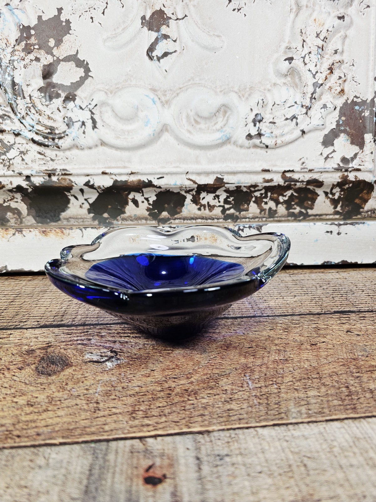 VTG Scandinavian Cobalt & Clear Candy Dish, 2″ Tall X 6″ Diameter