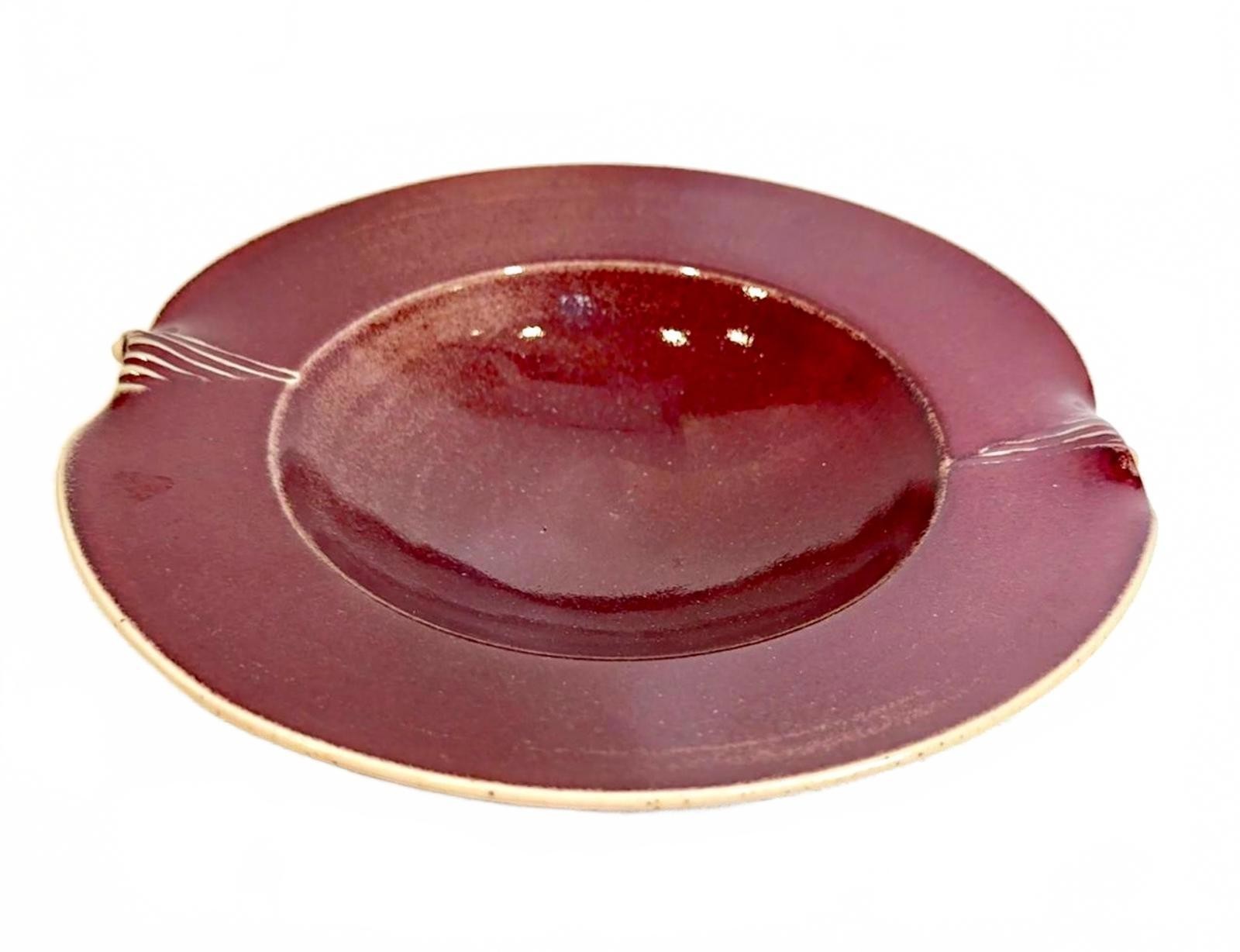 Vintage Oxblood Stoneware 9 in Bowl Decorated Notched Rim Studio Pottery Signed