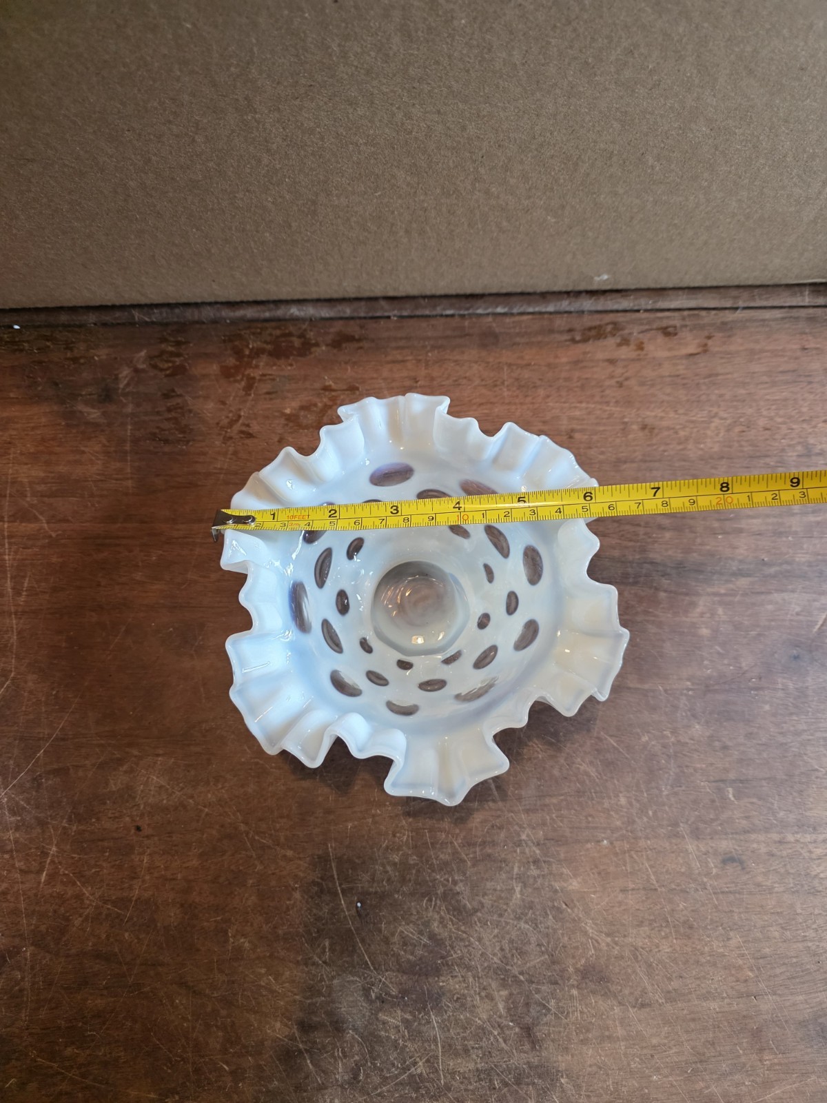 Vintage White Fenton Coin Dot Ruffle Edge Art Glass Bowl