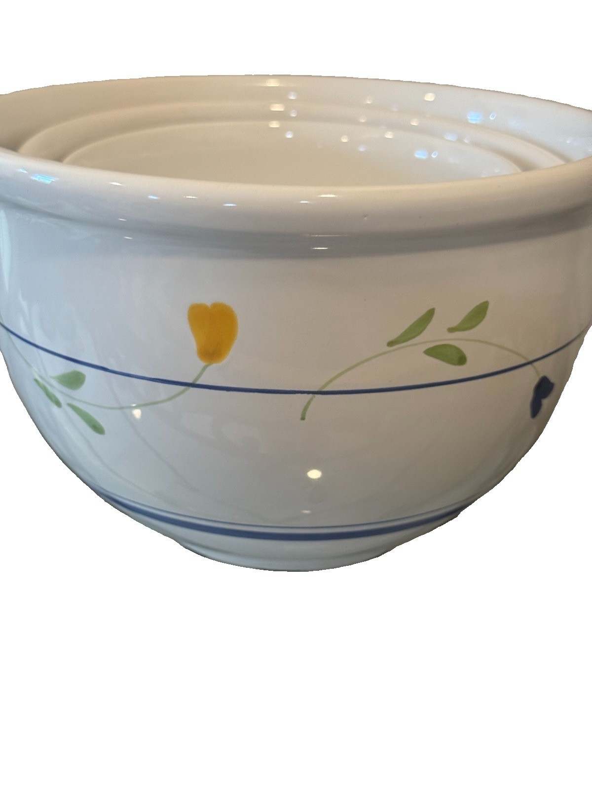 Vintage Italy Nesting Ceramic Mixing Bowl Set 3pc Floral Blue Line Stoneware Pot