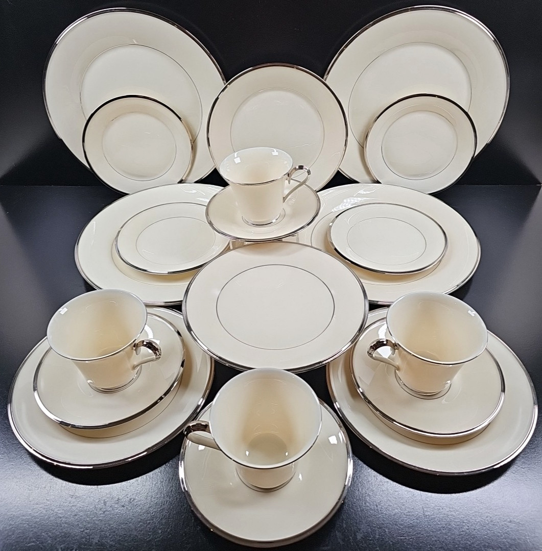 4) Lenox Solitaire 5 Pc Place Setting Vintage Elegant Platinum Dining Dishes Lot