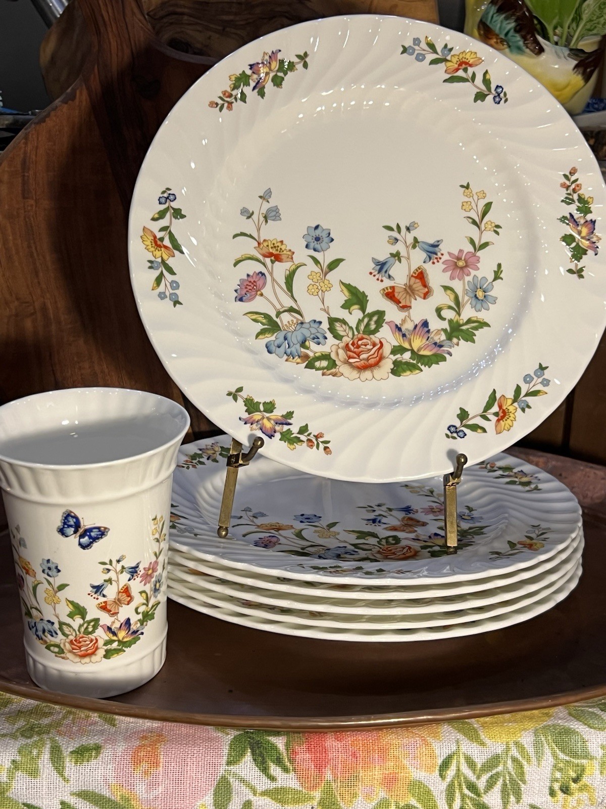 Set Of 6 Aynsley Cottage Garden -DINNER PLATES 10 3/8″ + Beautiful Vase!