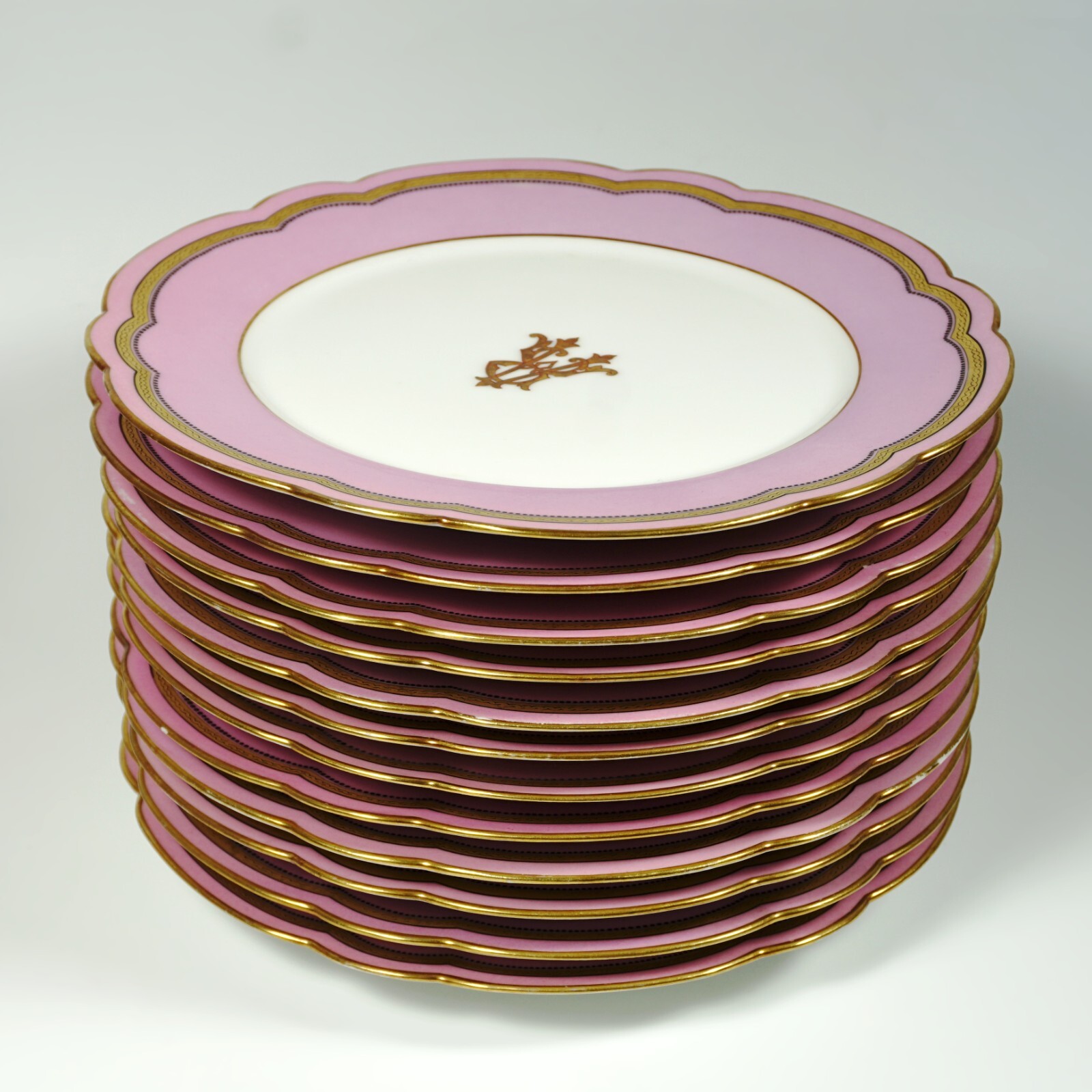 Antique French Old Paris Porcelain Pompadour Pink Dessert Service Plates Set