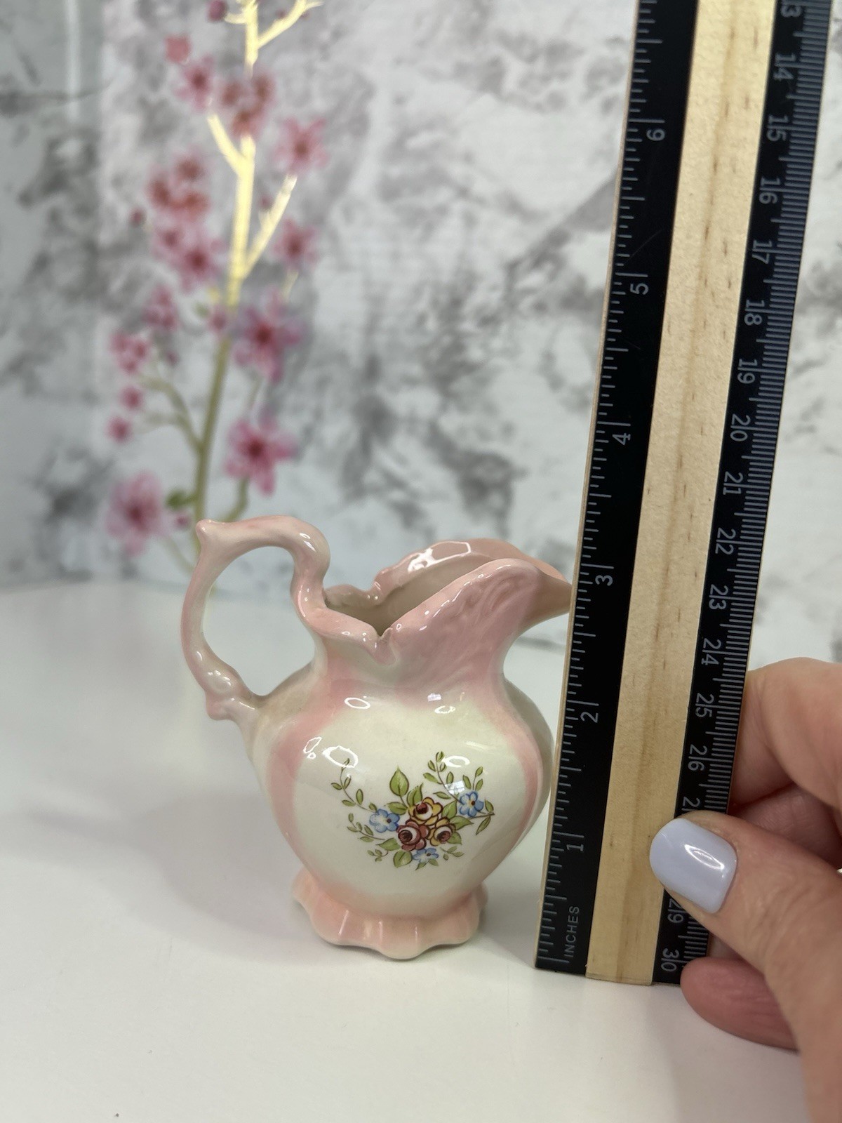 Tiny White & Pink Flower Floral Miniature Pottery Pitcher– 3 inches Dollhouse