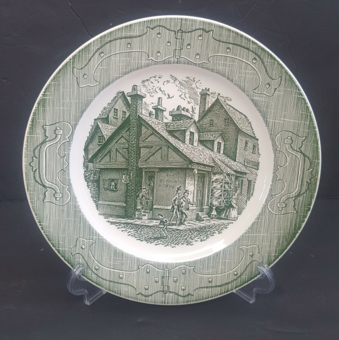 Set Of 9 The Old Curiosity Shop Green Transferware 10” Dinner Plates NOS