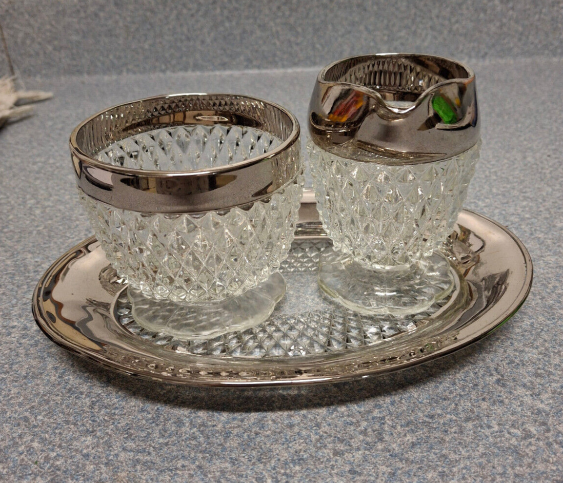 Indiana DIAMOND POINT CRYSTAL w/ Silver FLASH FOOTED CREAMER & SUGAR w/ TRAY