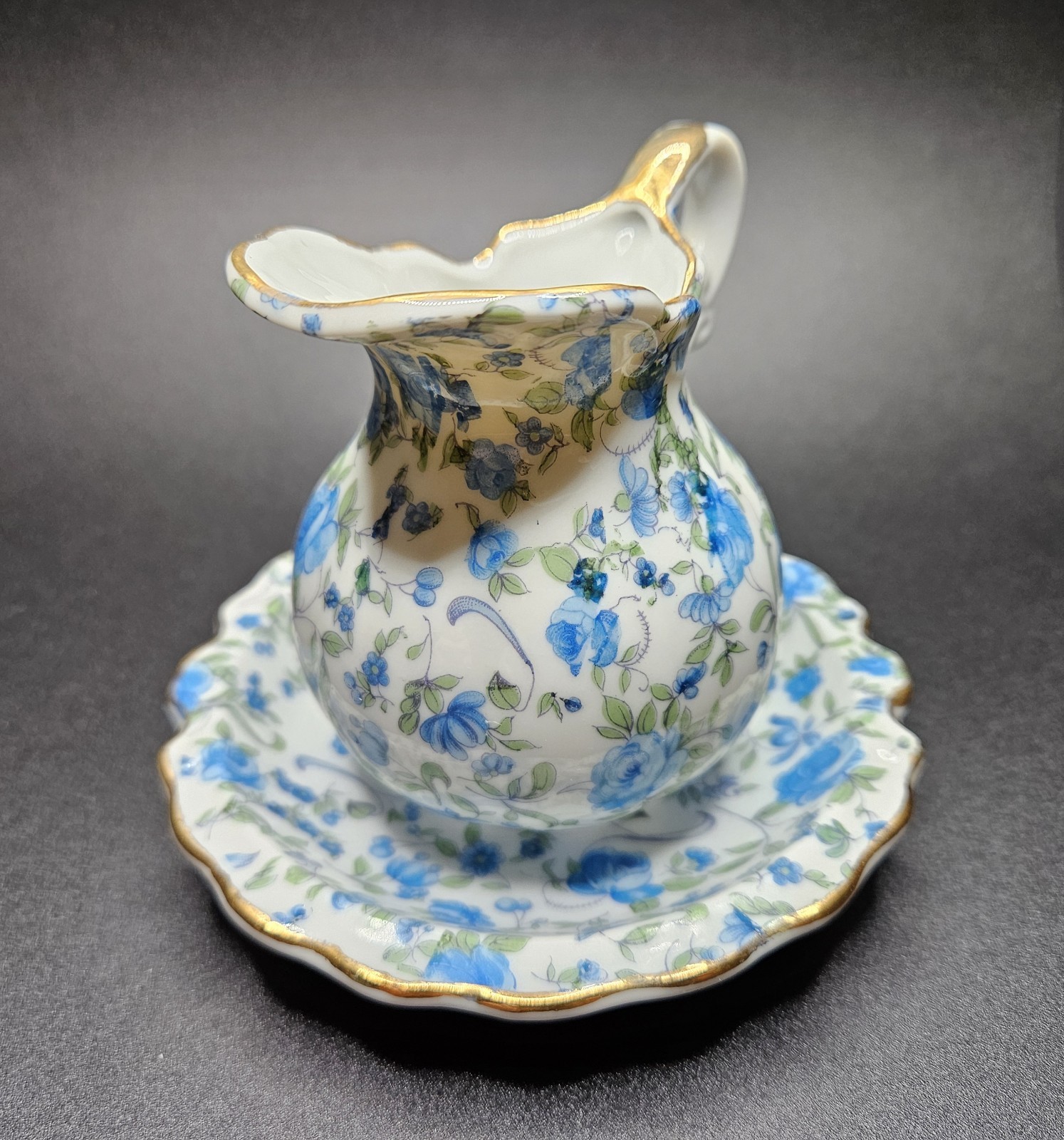Vintage Royal Chintz Arnart 5th Ave Blue Roses Pitcher Creamer and Saucer #217