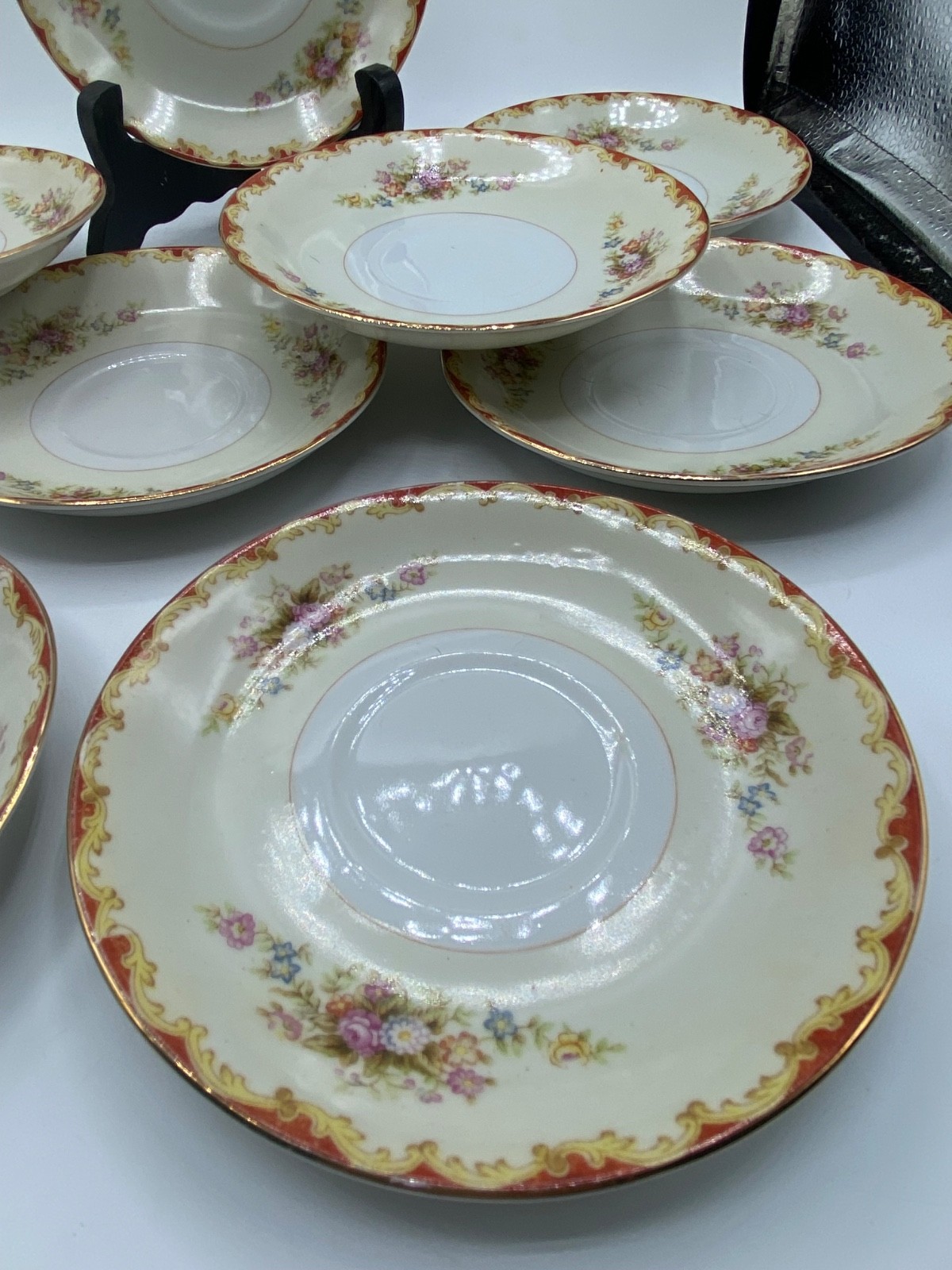 1940’s Set of 10 Saucers Red Traditional Jyoto China made in Occupied Japan 5.5″