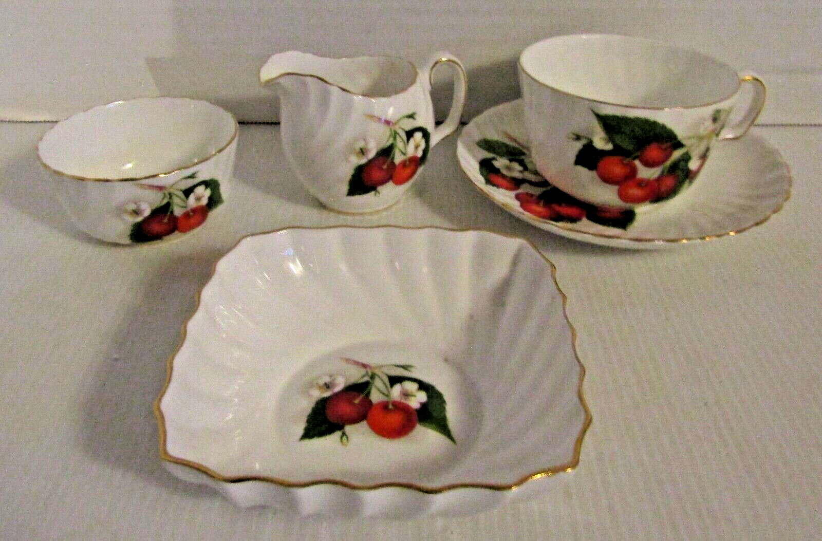 Adderley Bone China Cherry Ripe Tea Cup And Saucer Sugar Creamer Nut Dish Lot